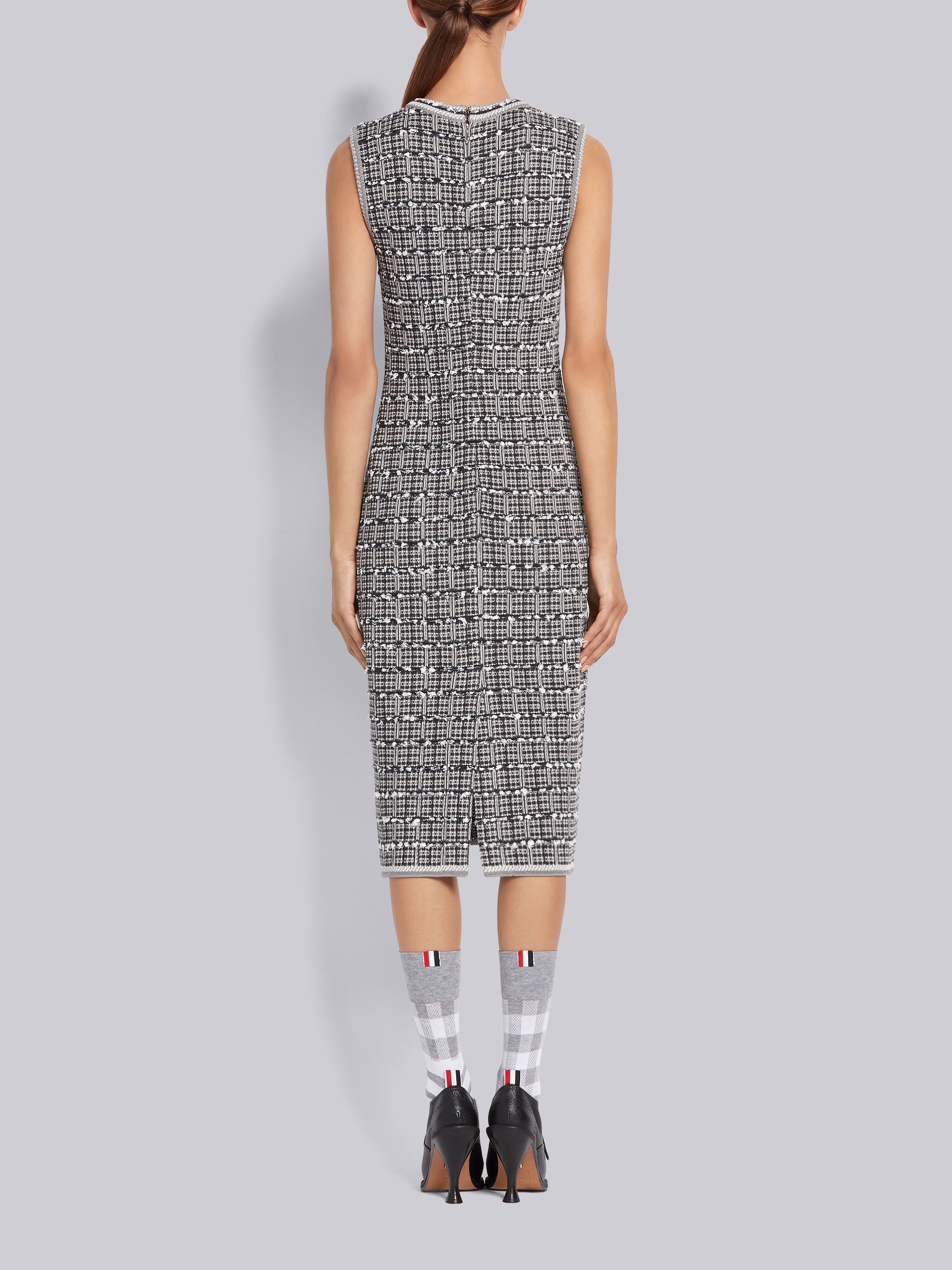 Medium Grey Cotton Viscose Windowpane Jacquard Sleeveless Pencil Dress - 3