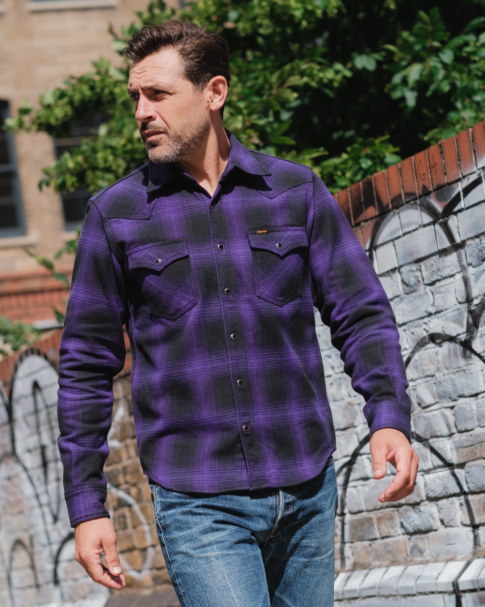 IHSH-264-PUR Ultra Heavy Flannel Ombré Check Western Shirt - Purple/Black - 11