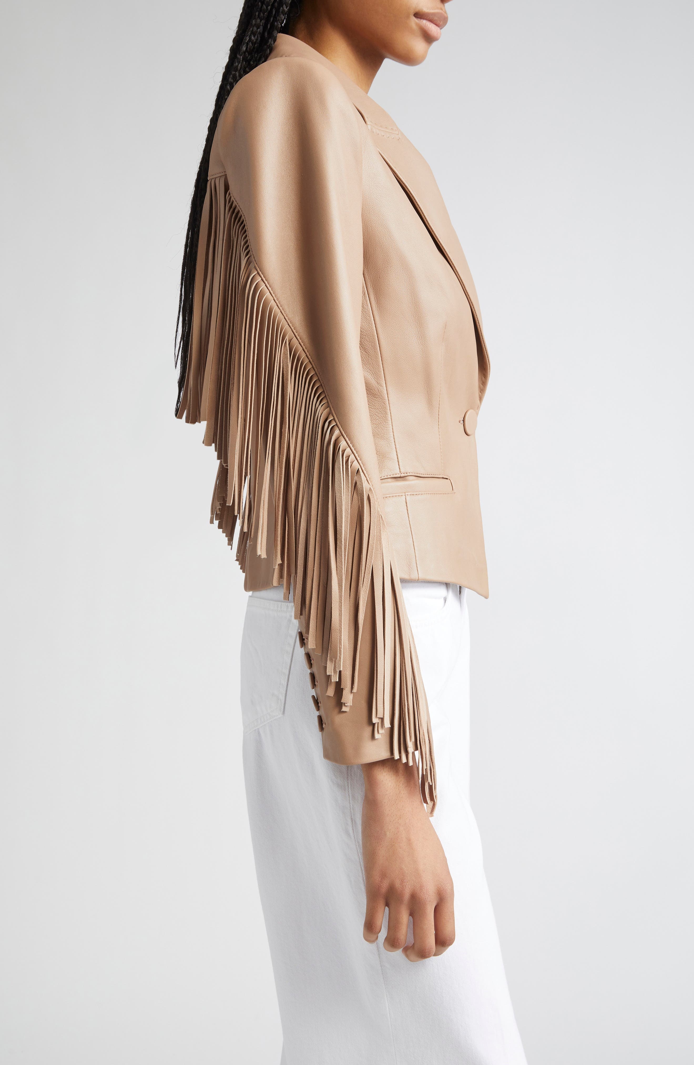L'AGENCE Vashti Fringe Leather Blazer in Dark Cappuccino at Nordstrom - 4
