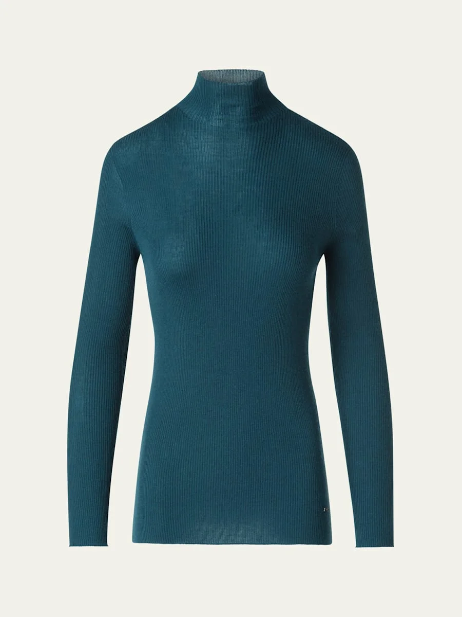 Mock-Neck Cashmere-Silk Fine Rib Sweater - 1