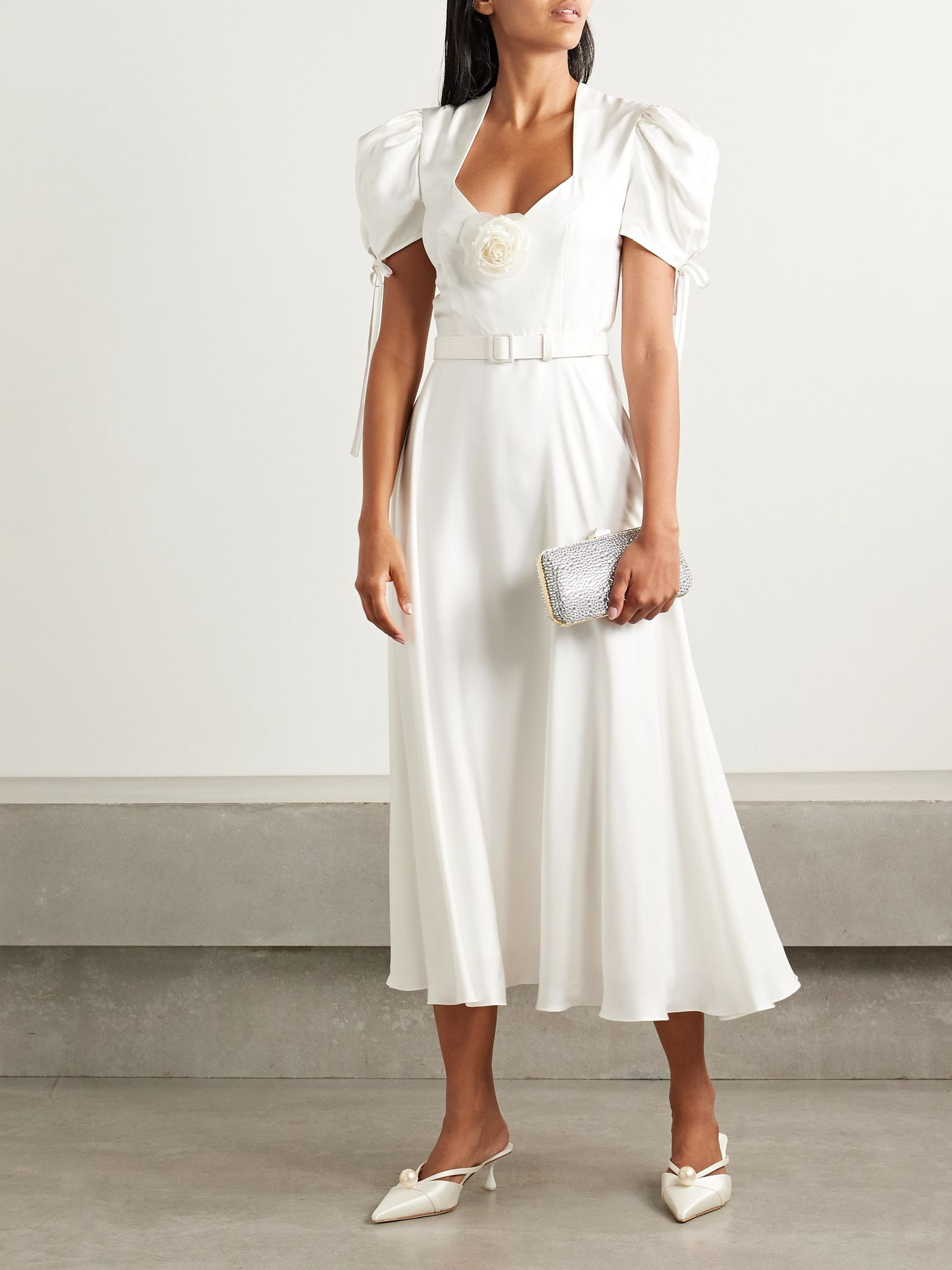 Appliquéd belted silk-twill midi dress White - 2
