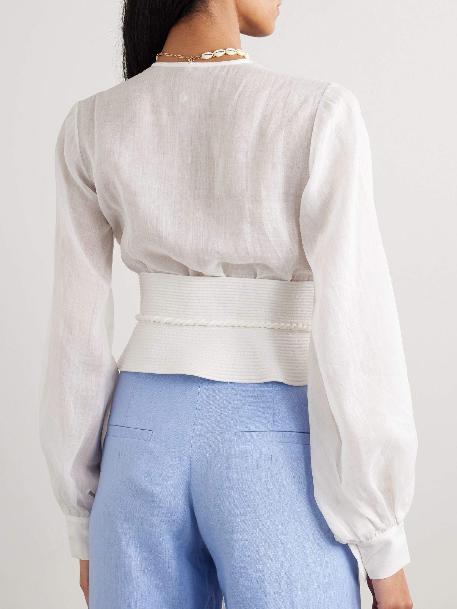 La Costa braid-trimmed belted linen blouse White - 3