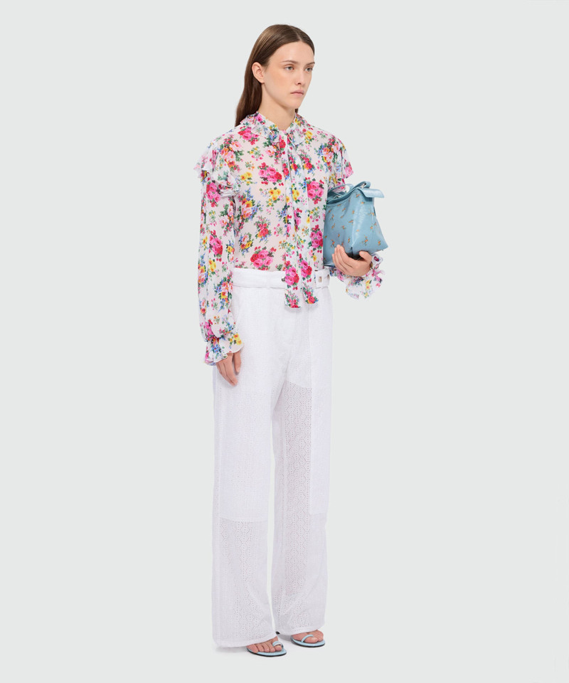 White viscose georgette blouse with floral print and ruffled collar 4