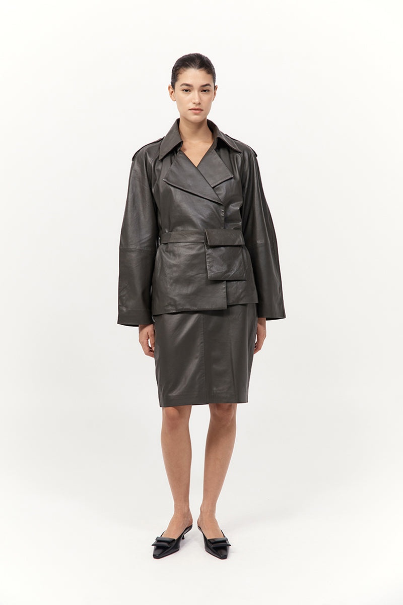 Cropped Leather Trench - Khaki - 3