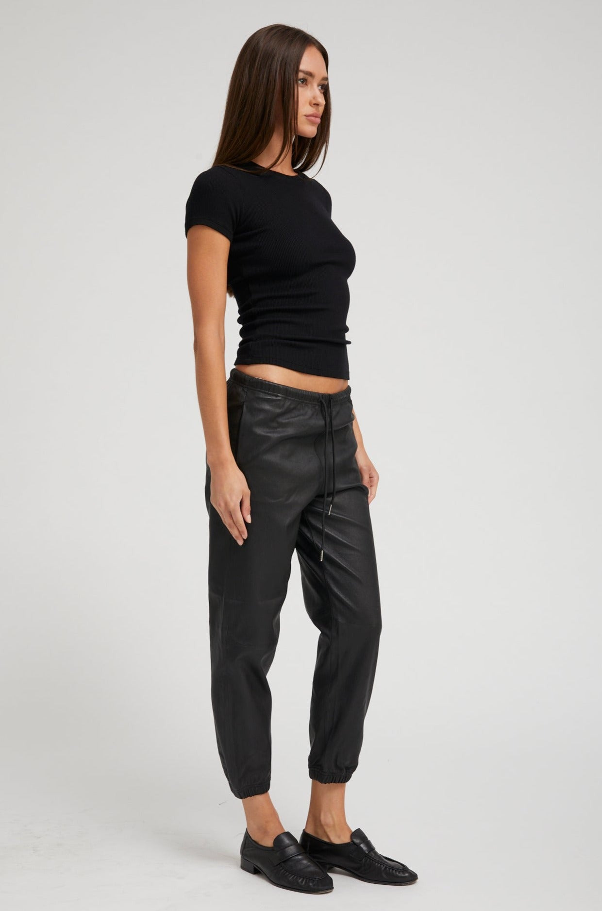 BLACK LEATHER SWEATPANTS - 4