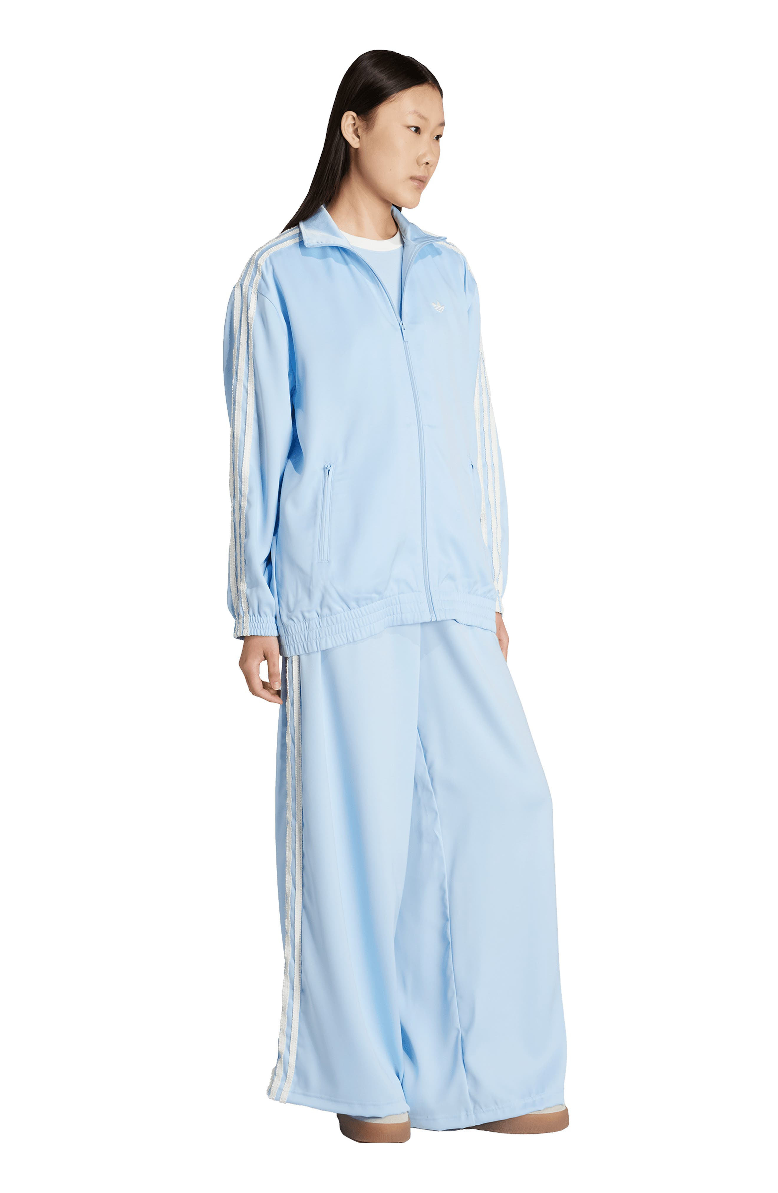 adidas Ruffle 3-Stripes Satin Track Jacket in Clear Sky at Nordstrom - 5