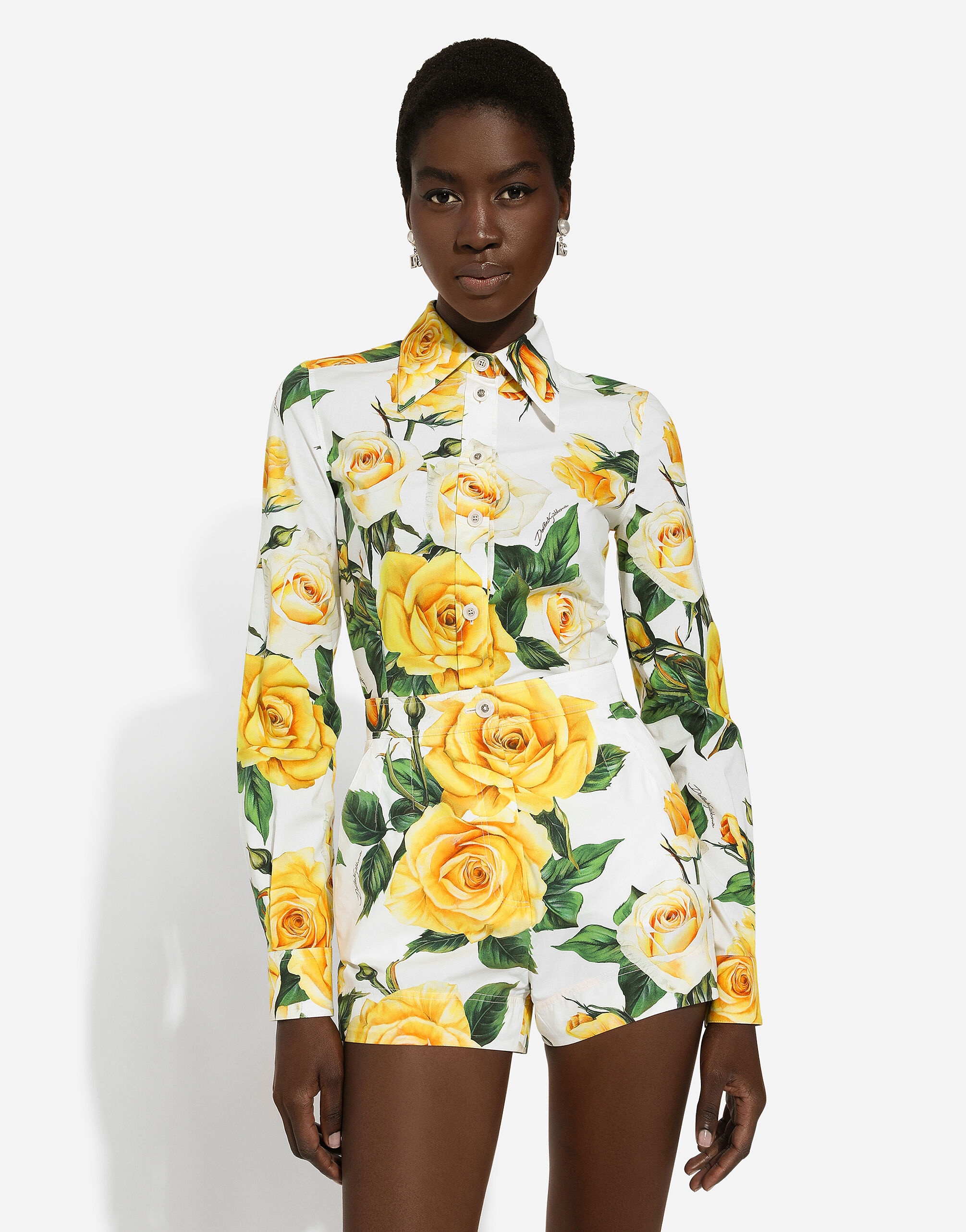 Long-sleeved cotton shirt with yellow rose print - 4