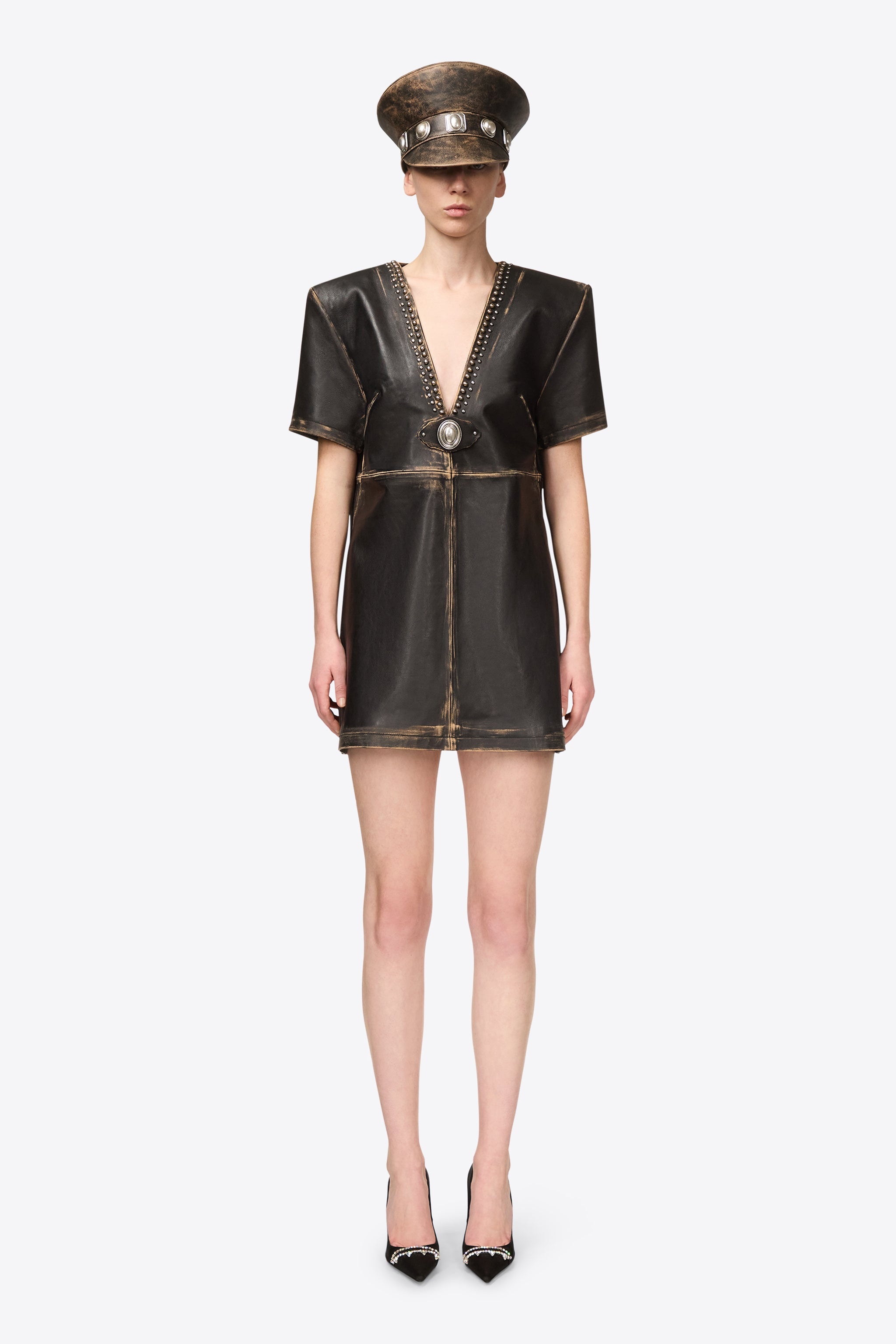STUDDED LEATHER V-NECK T-SHIRT DRESS - 3