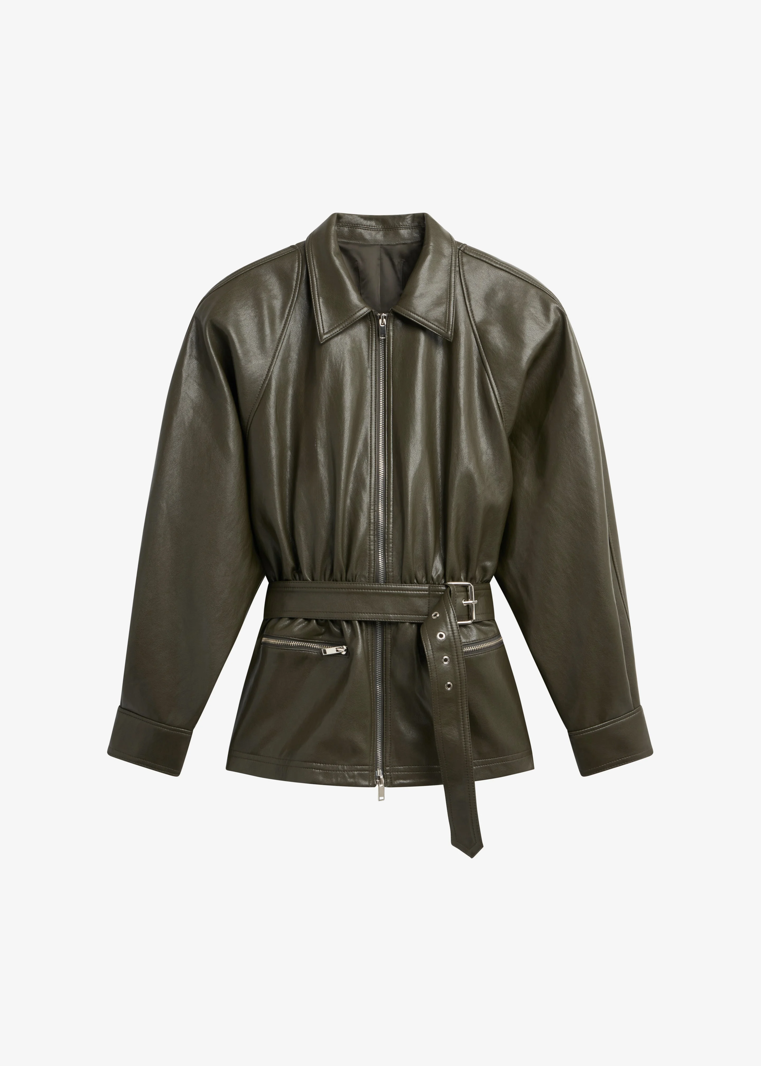 Annette Faux Leather Peplum Jacket - Olive - 1