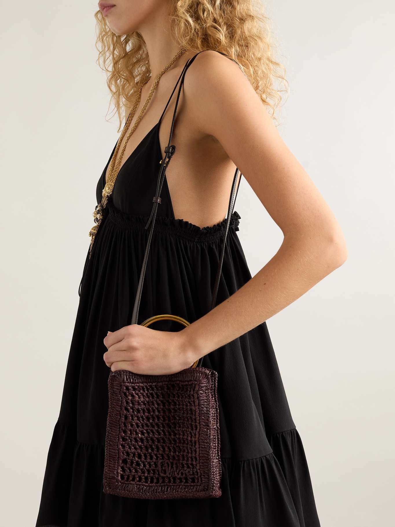 Summer Banana small leather-trimmed woven raffia tote bag Dark brown - 2