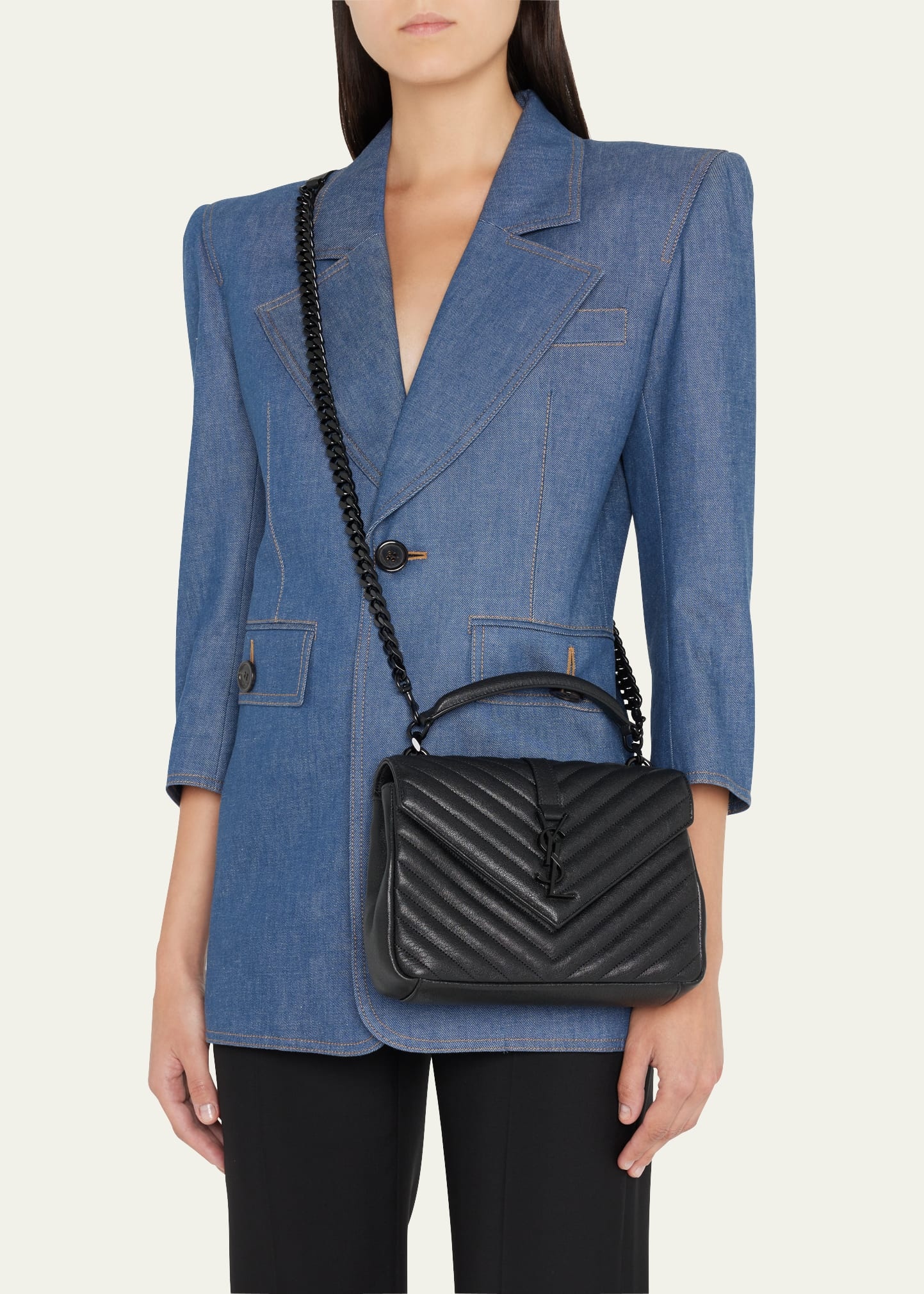 College Medium Monogram YSL V-Flap Crossbody Bag - Black Hardware - 2
