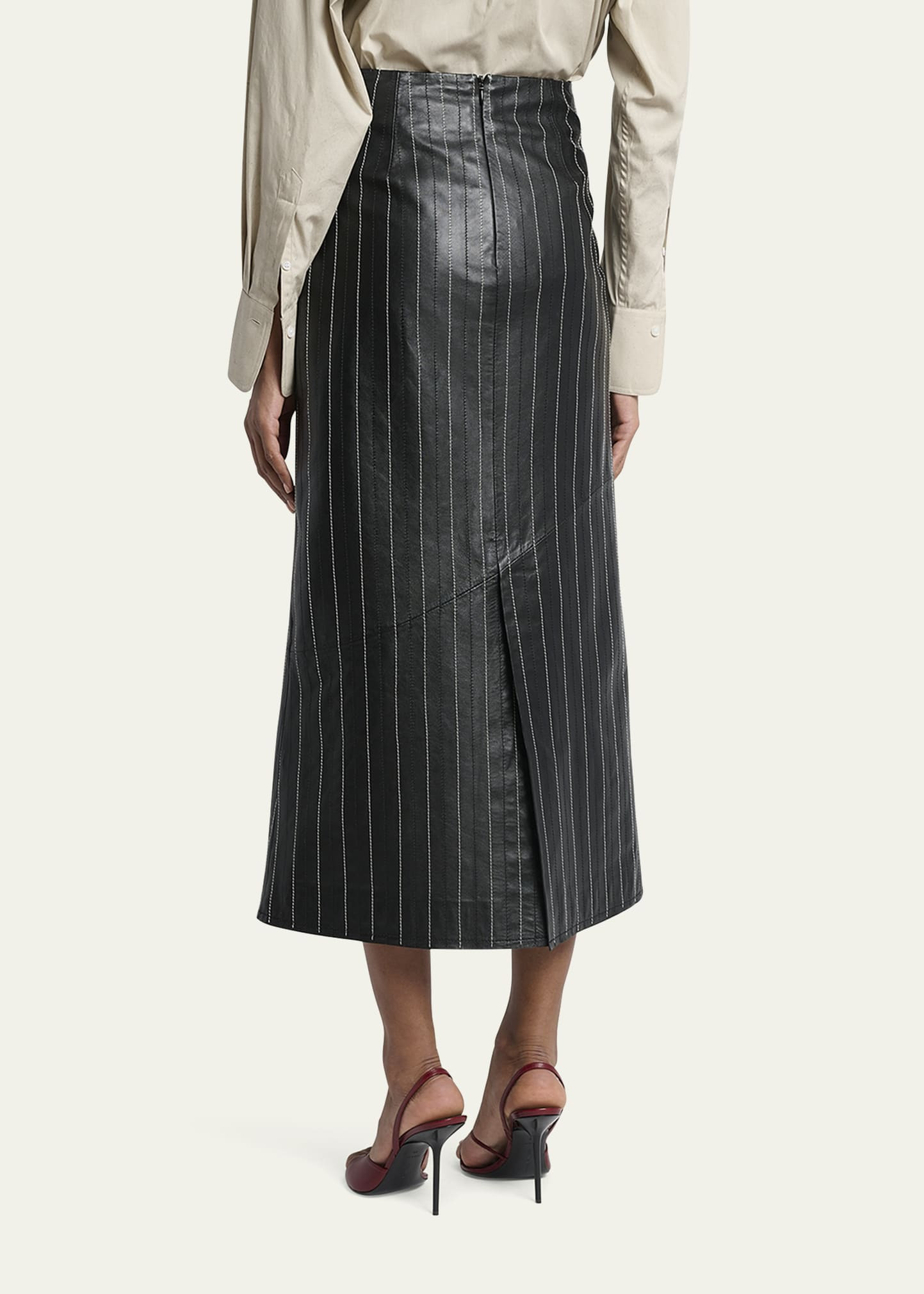 Pinstripe Kick Midi Leather Skirt - 3