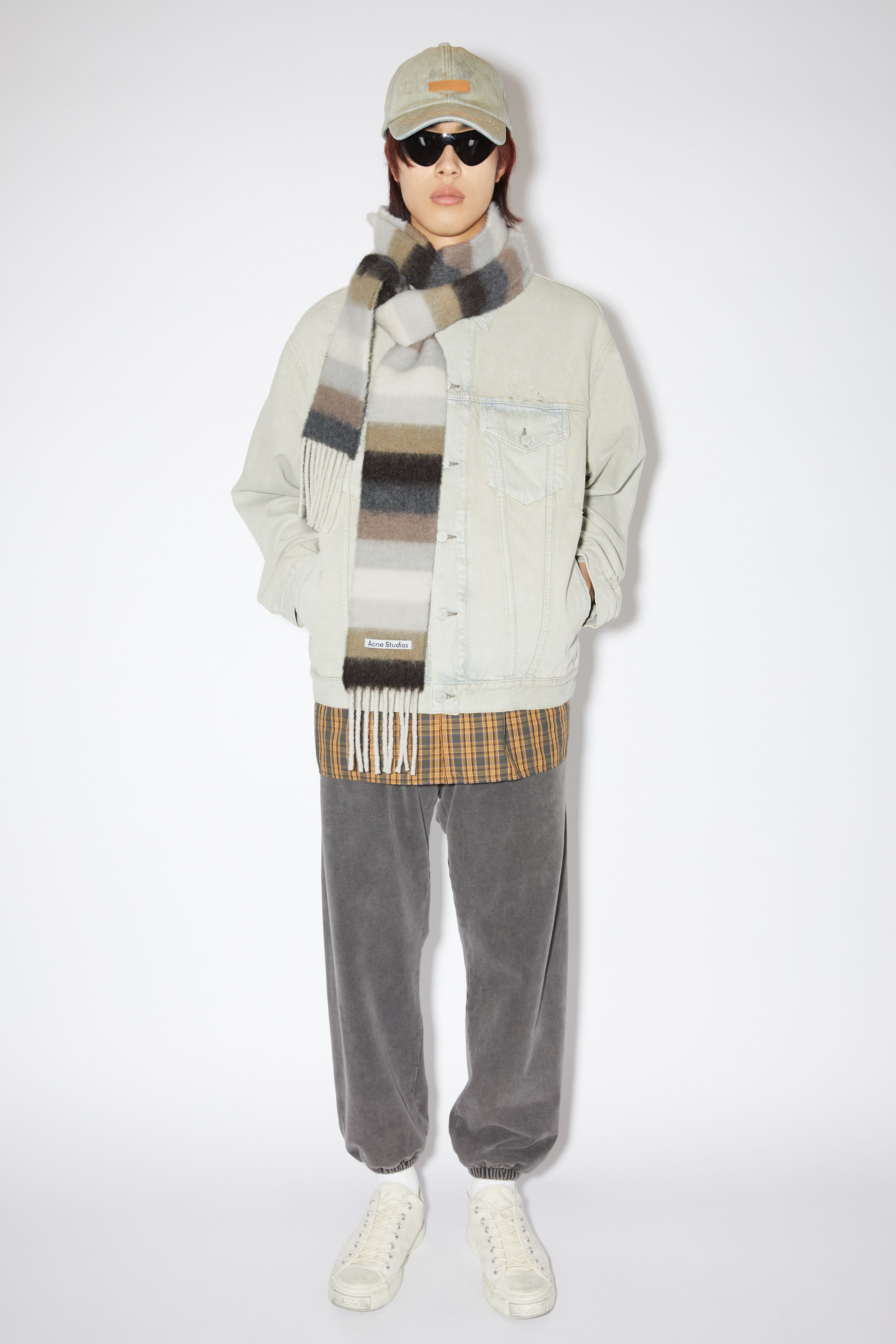 Wool-apaca fringe scarf - Skinny - Olive green/grey - 3