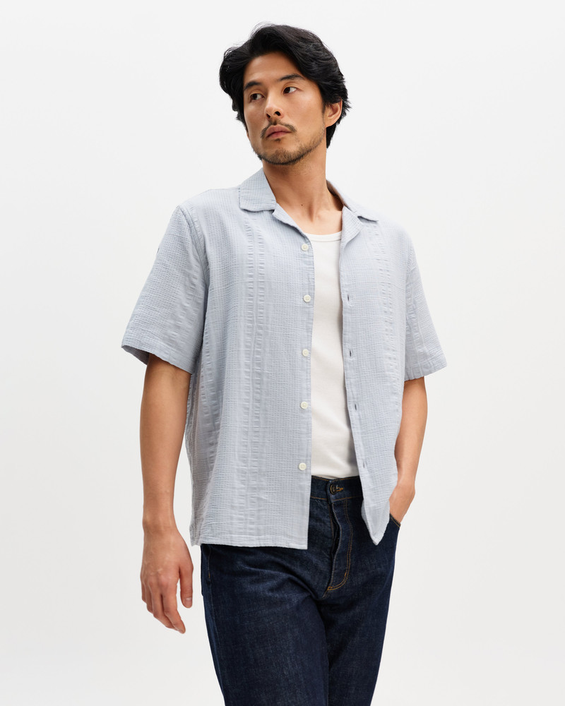 Wax London Didcot - Blue Double-Weave Seersucker Short-Sleeve Shirt outlook
