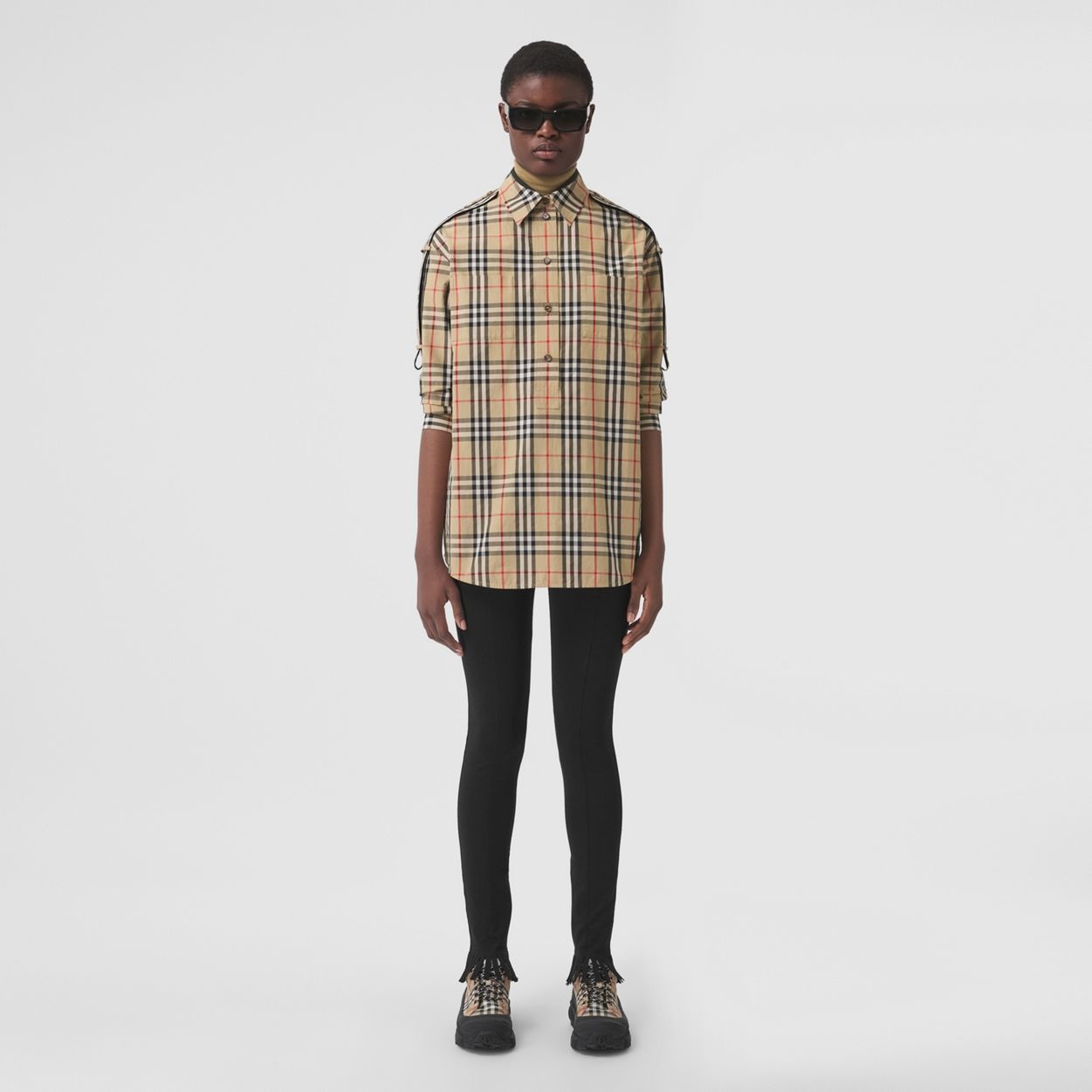 Strap Detail Vintage Check Cotton Oversized Shirt - 8