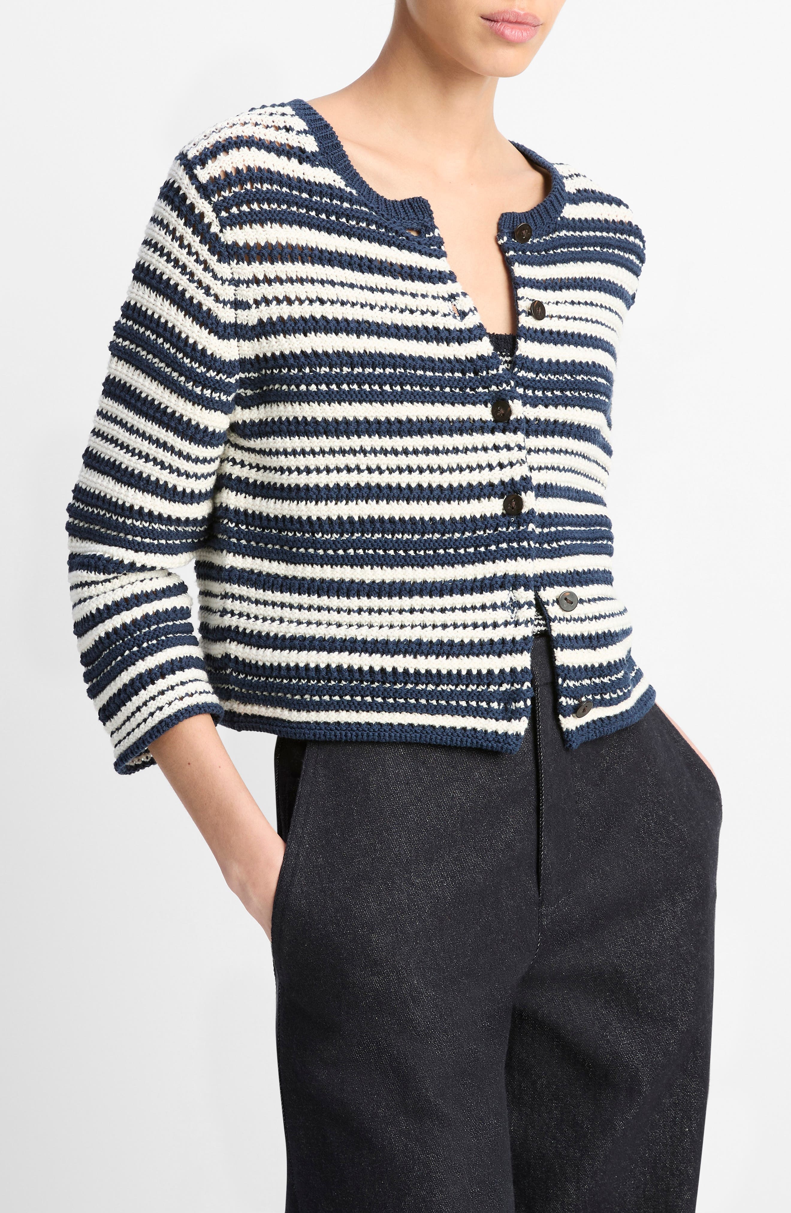 Vince Textured Stripe Cotton Blend Cardigan in Navy/off White at Nordstrom - 3