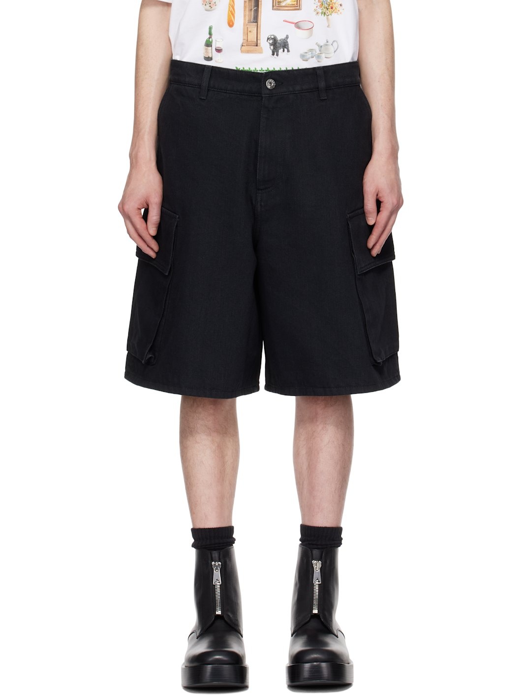 Black Cargo Denim Shorts - 1