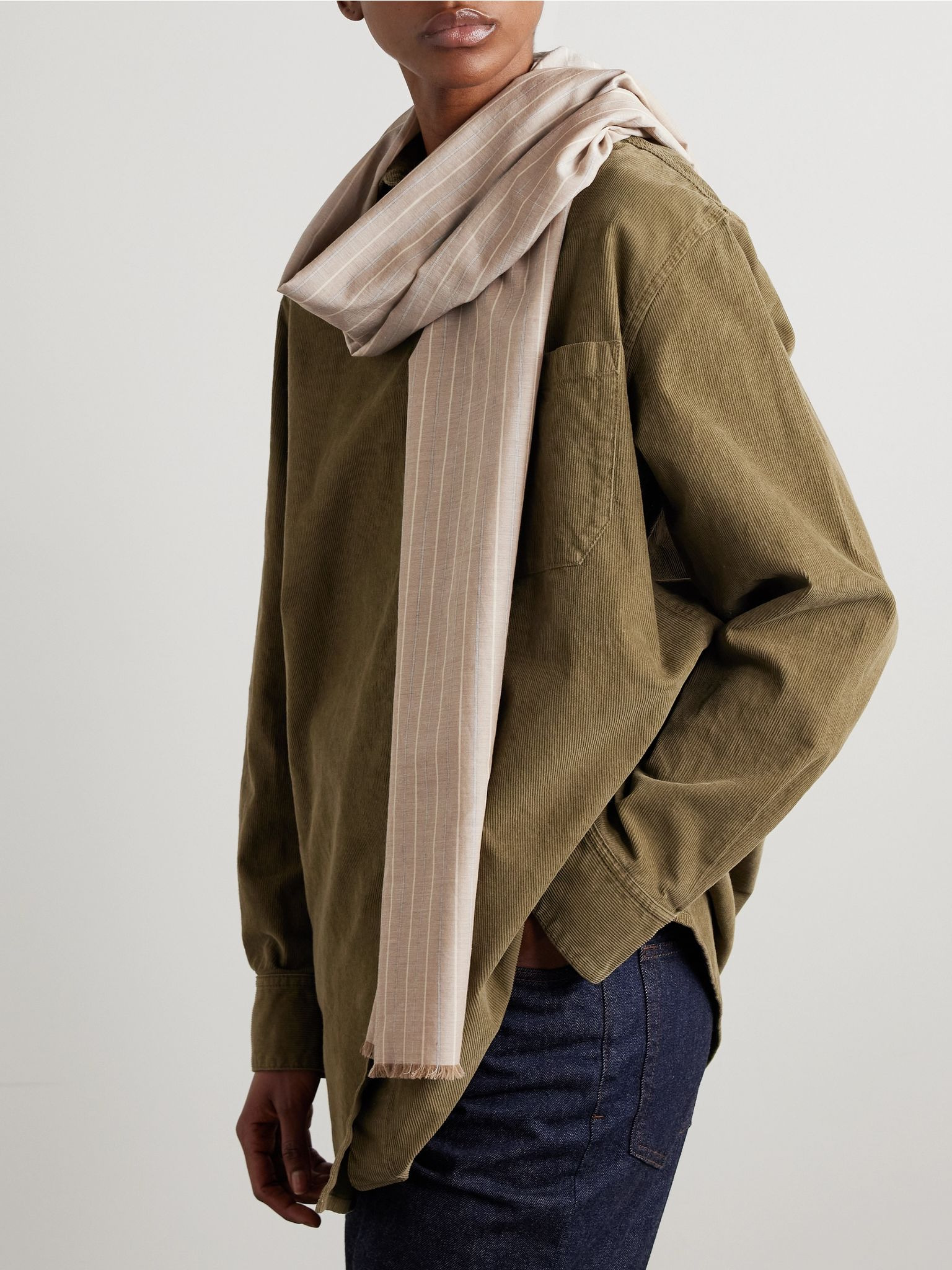 Guel fringed striped cotton-voile scarf Beige - 2