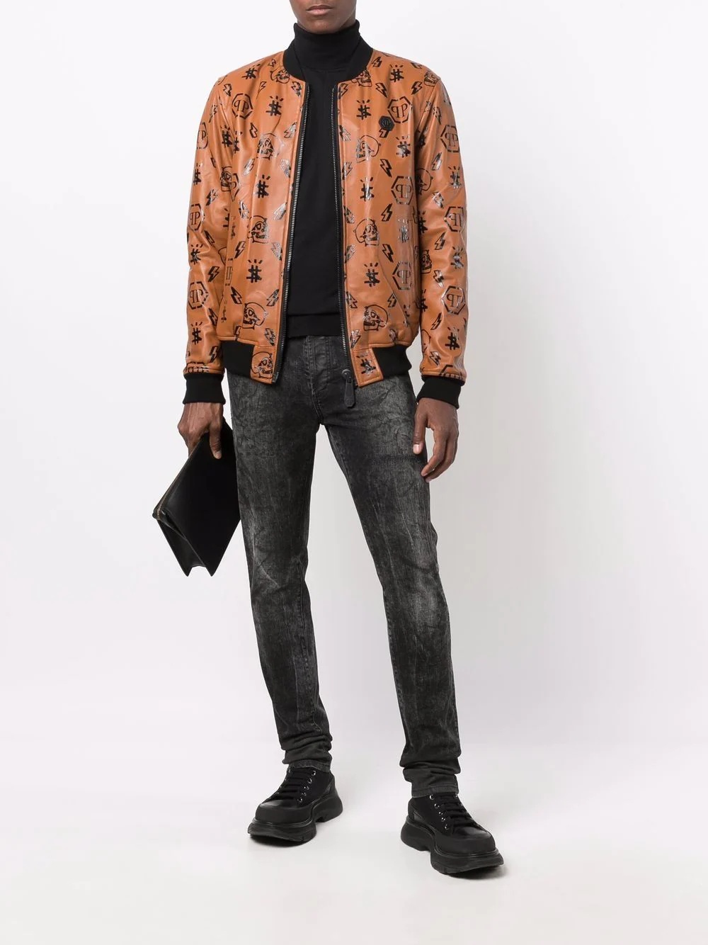 monogram-print leather bomber jacket - 2