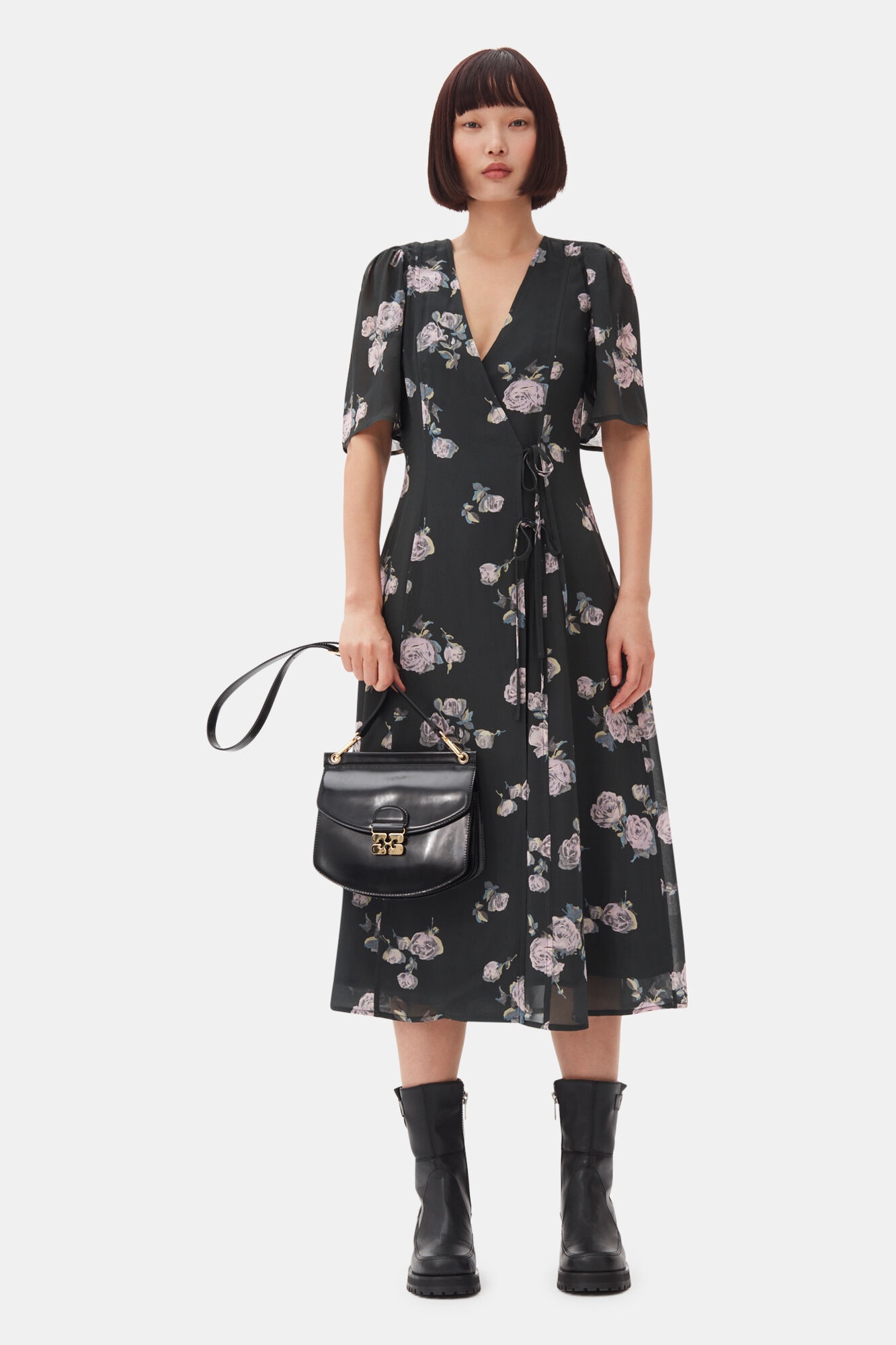 BLACK FLORAL CREPE WRAP MIDI DRESS - 2