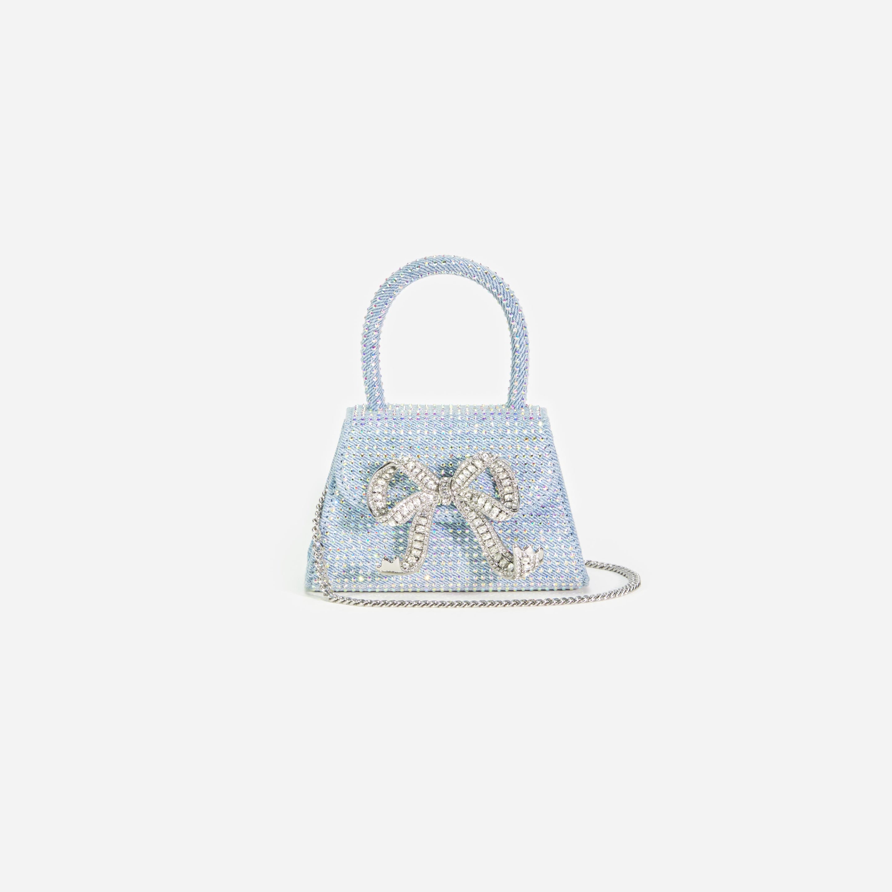 Blue Rhinestone Denim Micro Bow Bag - 4