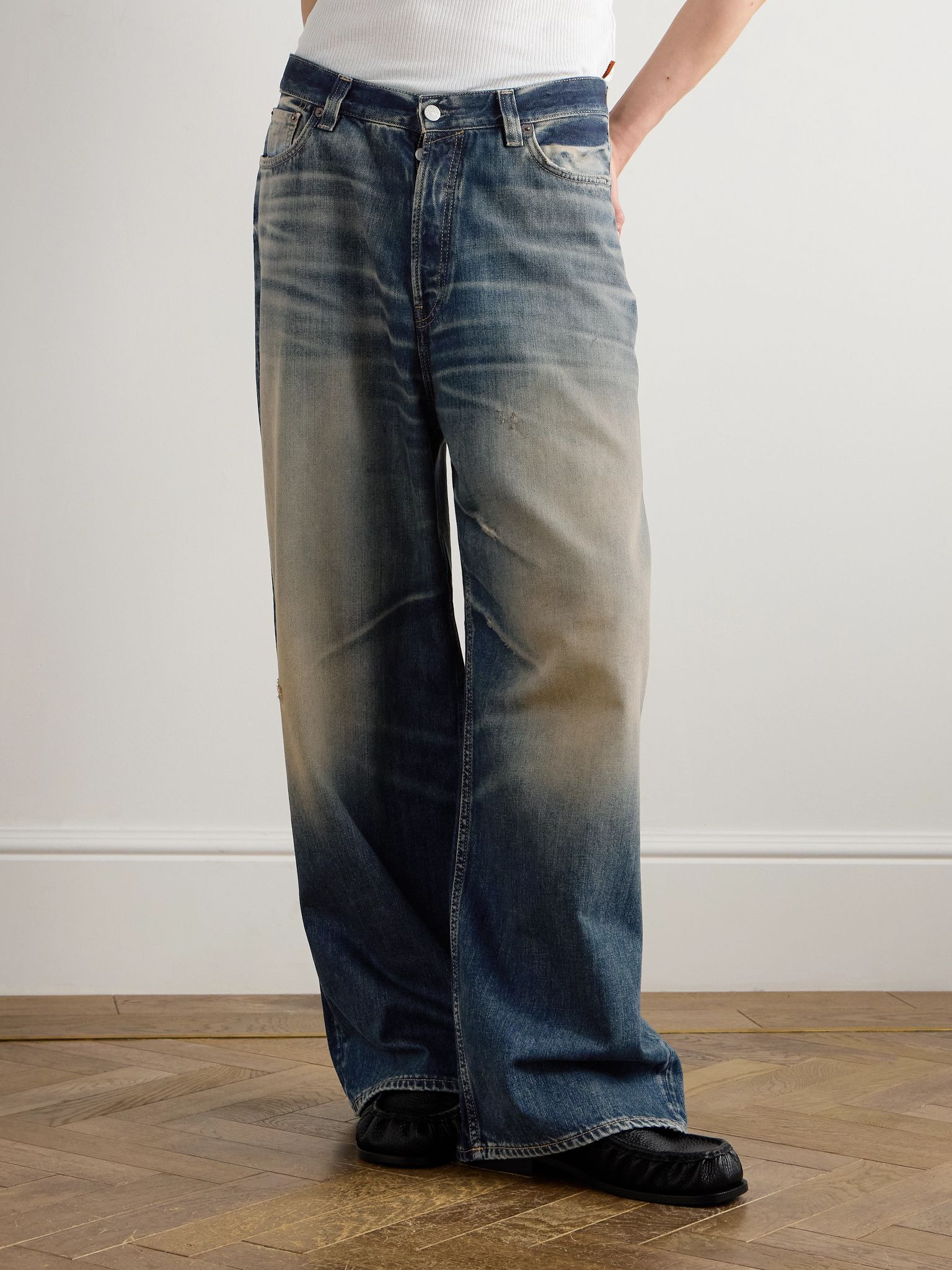 Wide-Leg Distressed Jeans Blue - 3