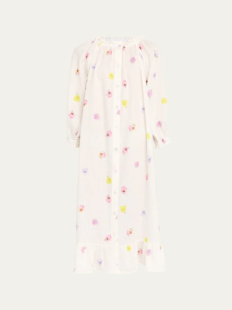 Pansy-Print Linen Loungewear Midi Dress - 1