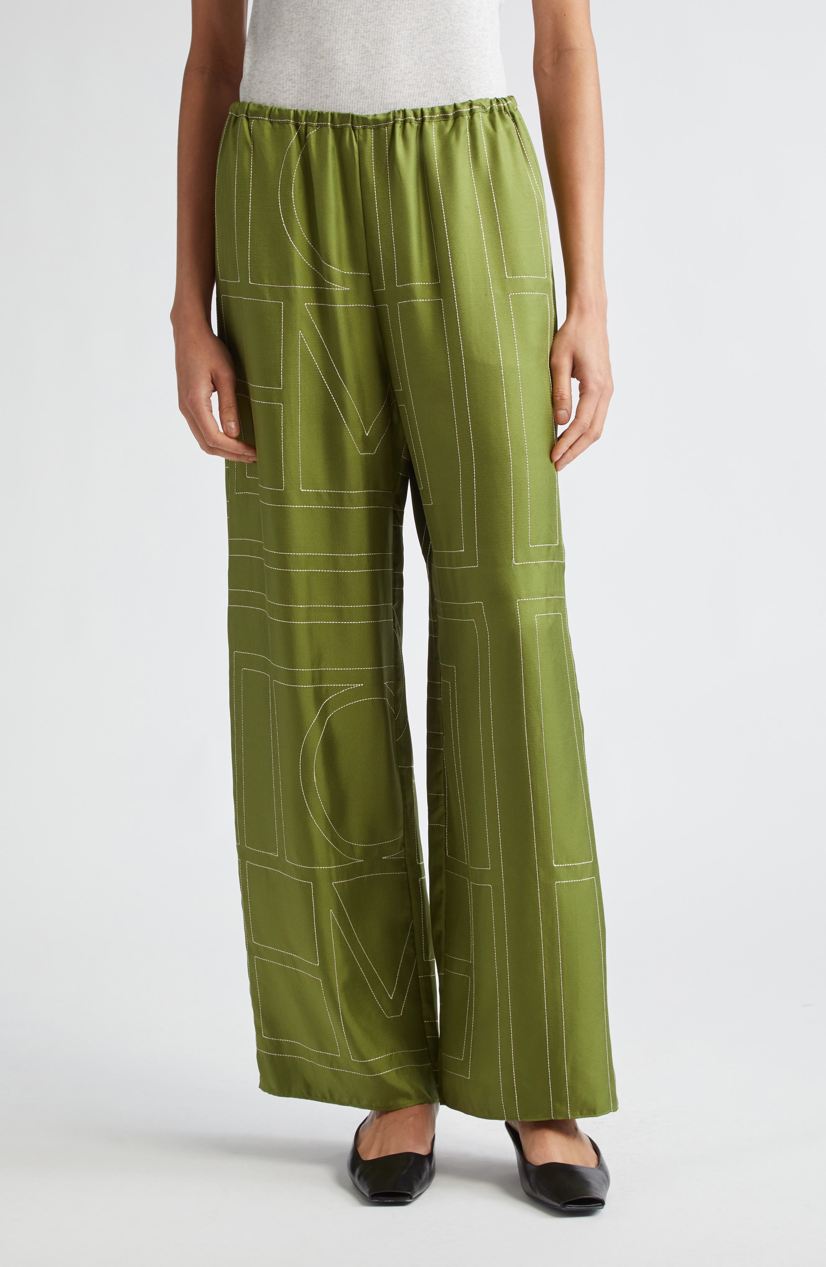 TOTEME Monogram Embroidered Silk Pants in Laurel at Nordstrom - 1
