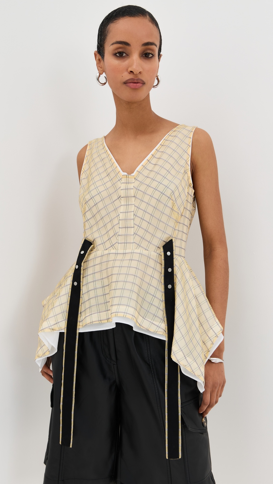 Plaid Organza V Neck Flounce Top - 6