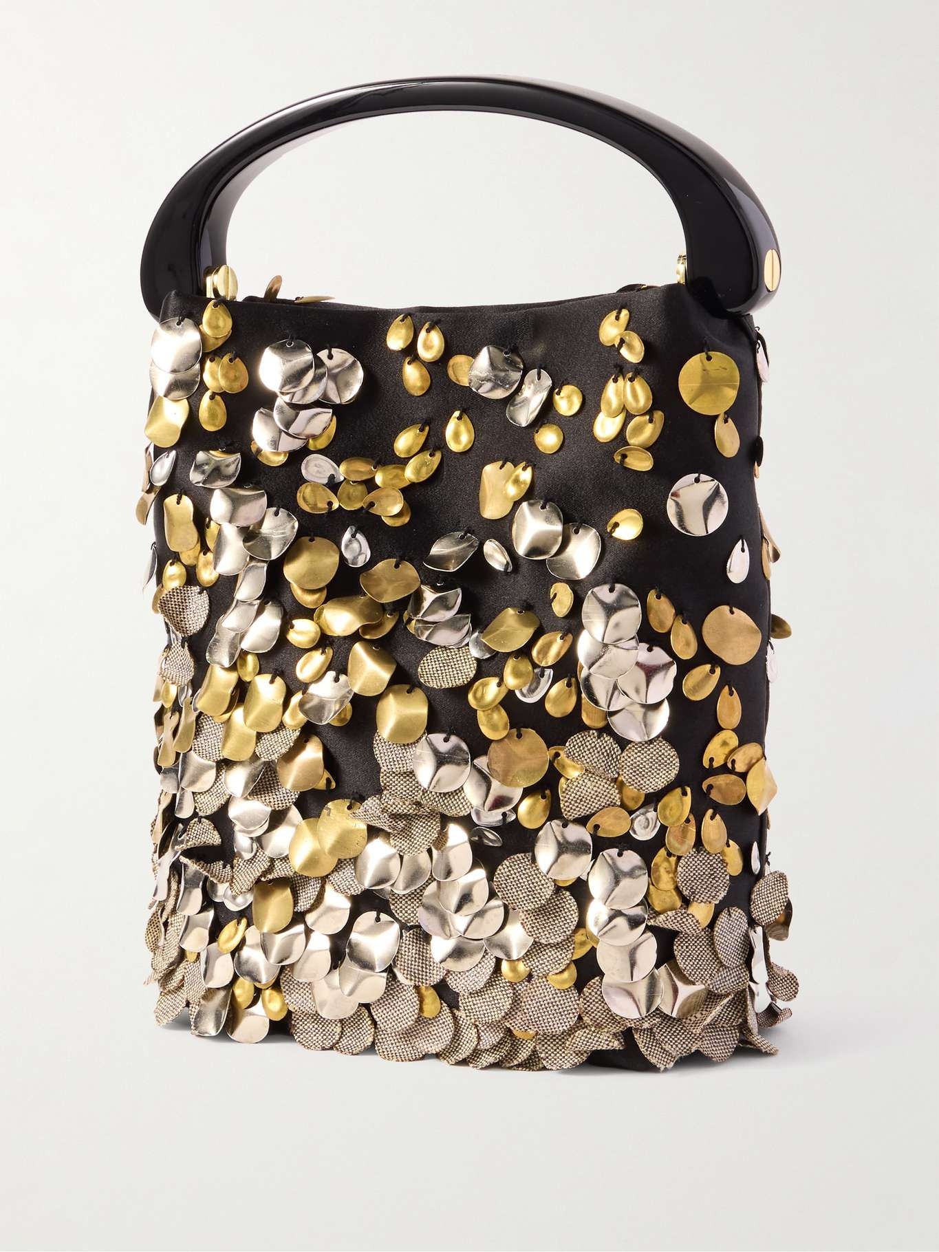 Leather-trimmed embellished satin shoulder bag Black - 3