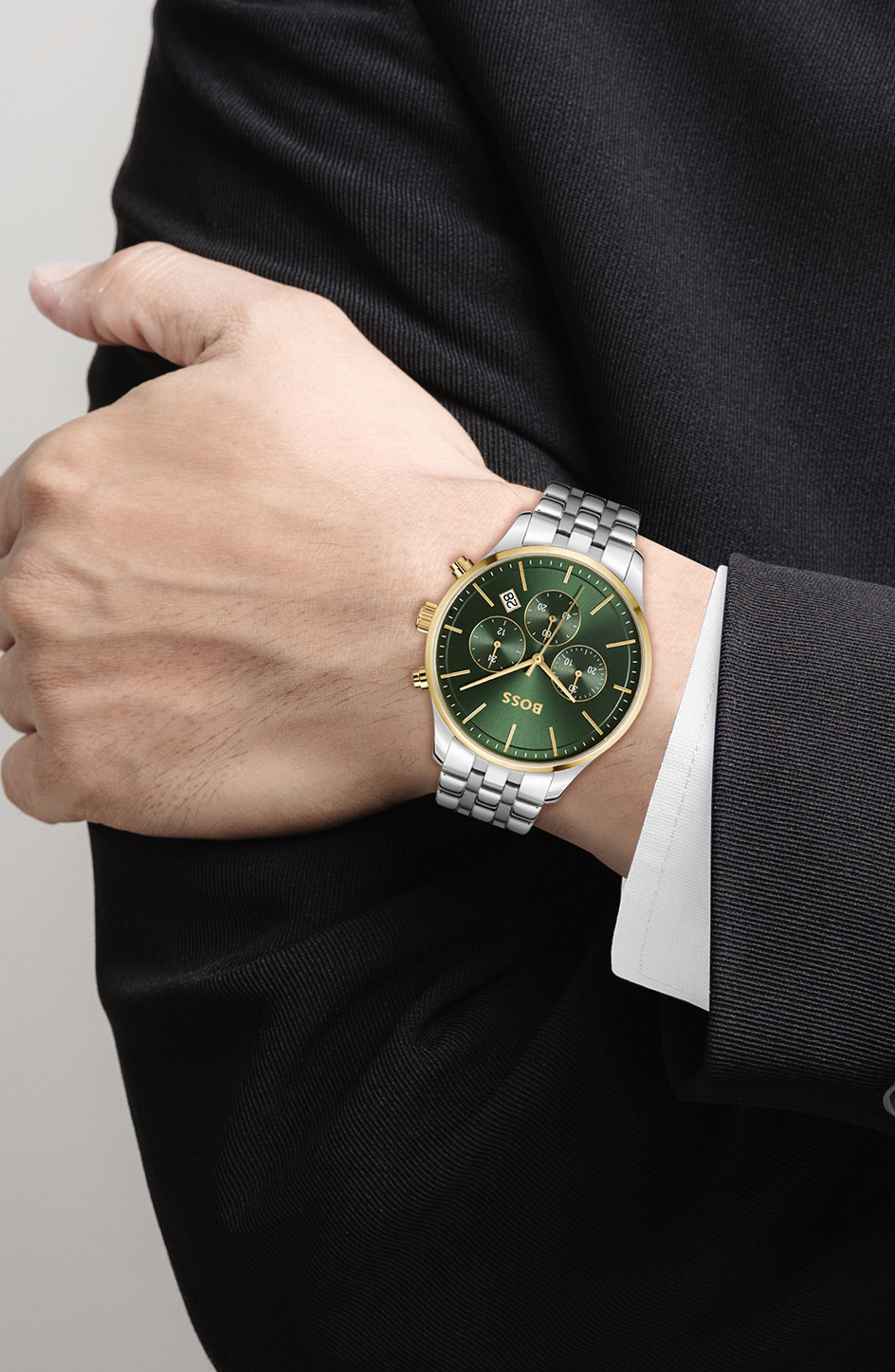 BOSS Avery Chronograph Bracelet Watch, 42mm in Silver/Green at Nordstrom - 2