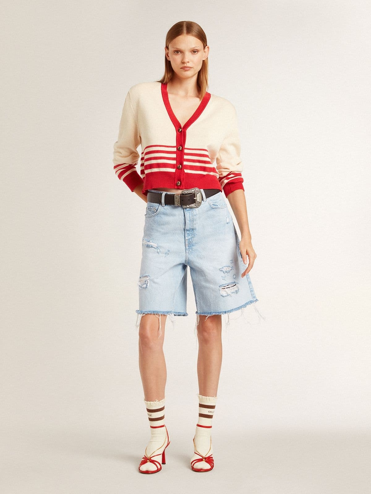 Worn-white socks with distressed details and brown stripes - 5