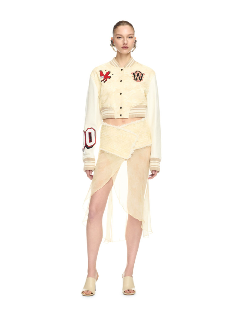 Off-White Cream Camo Leather Cropped Varsity Jacket outlook