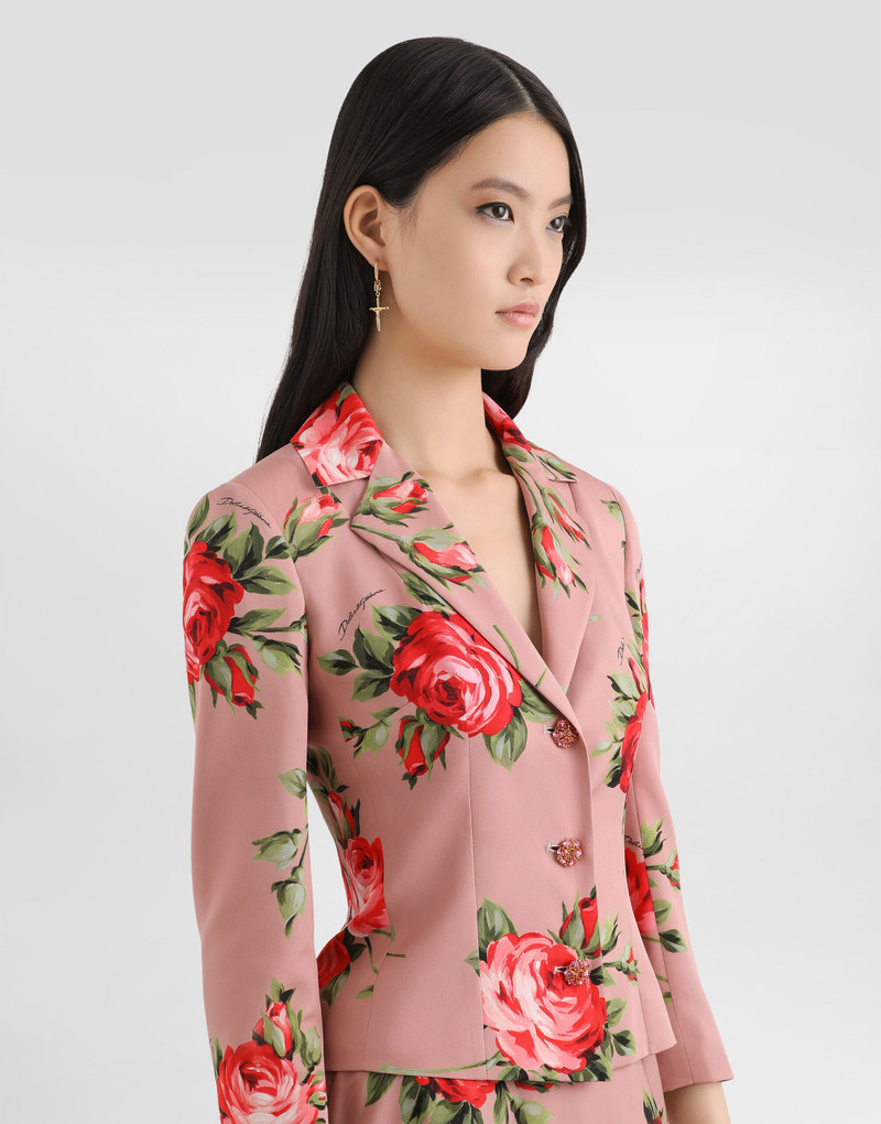 Rose bouquet-print charmeuse single-breasted jacket 4