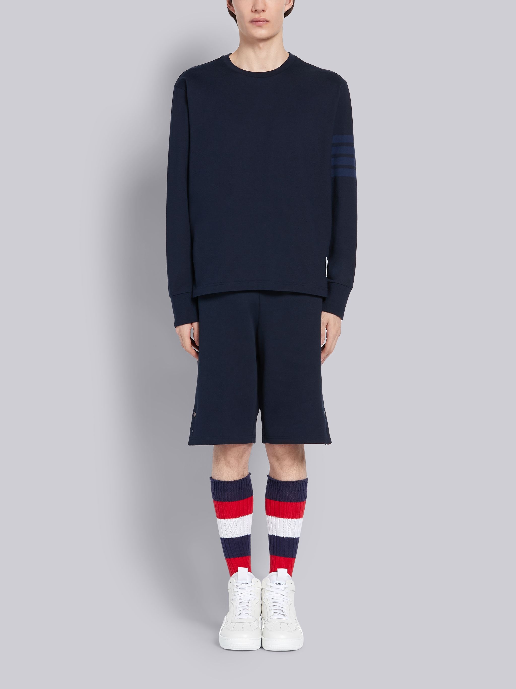 Navy Cotton Jersey Long Sleeve Tonal 4-Bar Rugby T-shirt - 4