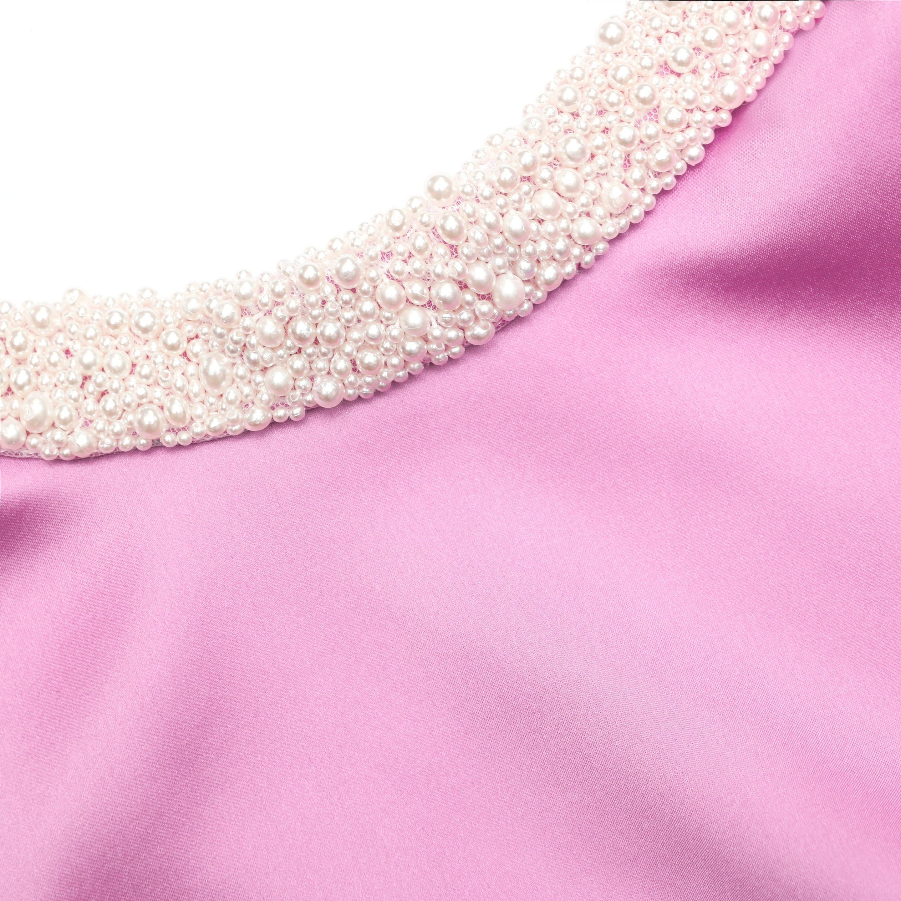 Pink Pearl Trim Satin Mini Dress - 5