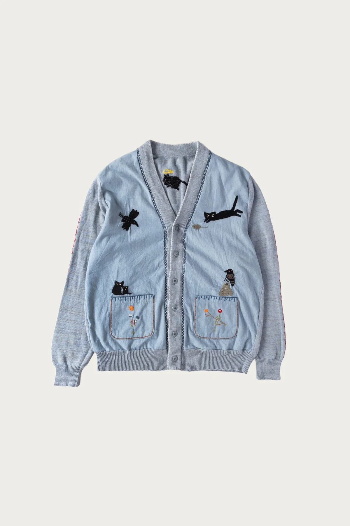 Knit x Chambray Cardigan (Raven & Cat Embroidery) - Sax - 1