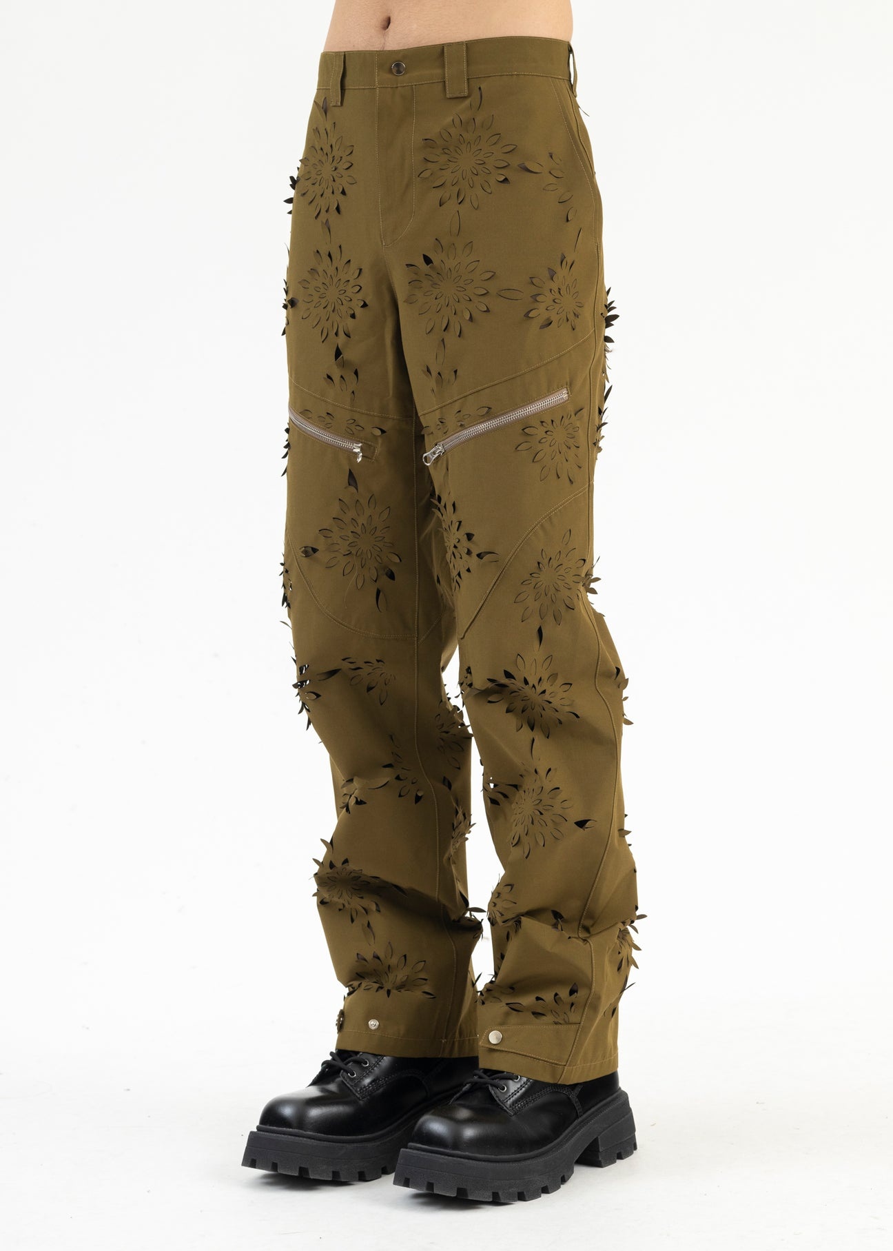 YELLOW-GREEN LASER-SLASHED FLOWER TROUSERS - 3
