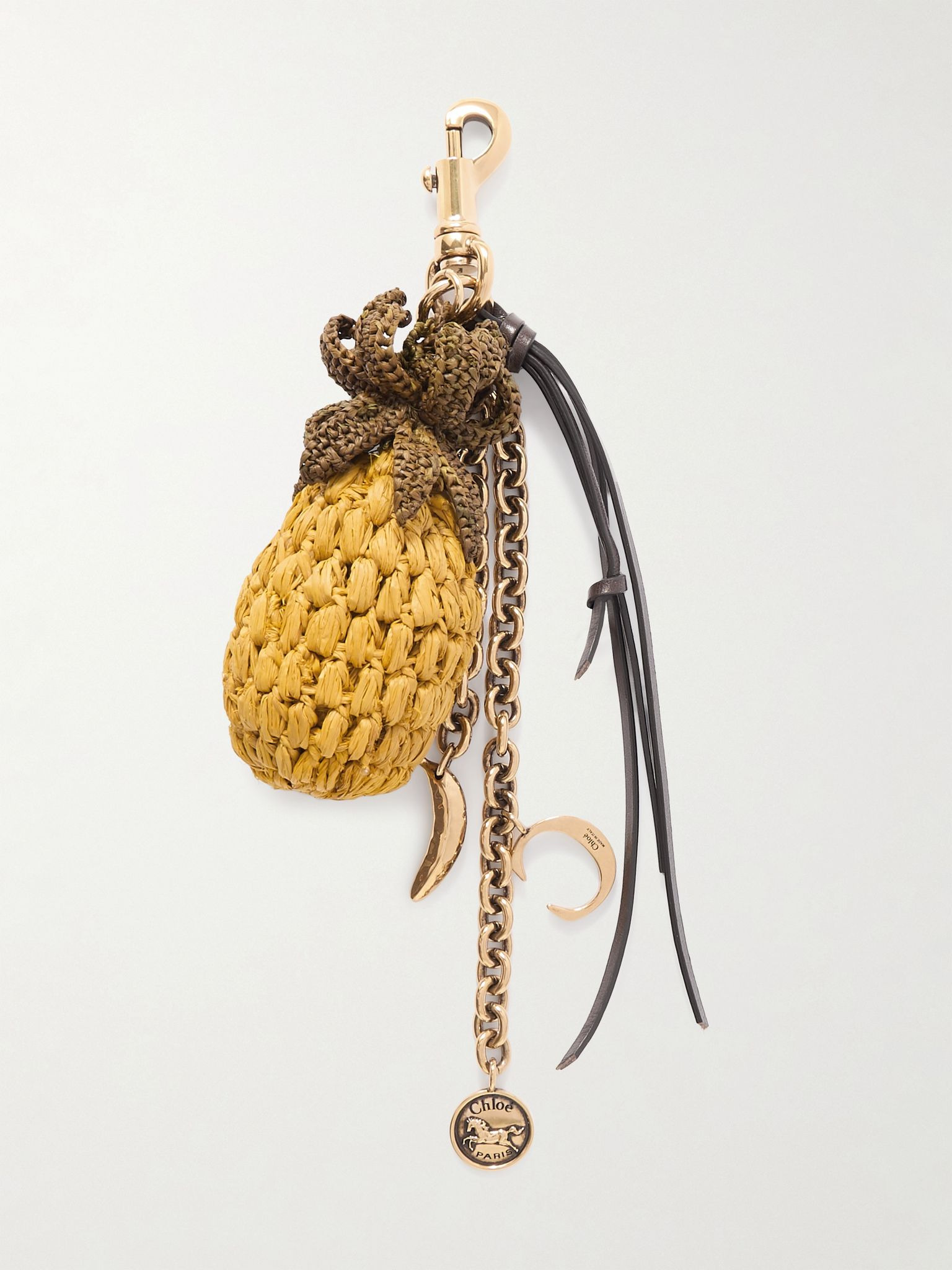 Leather-trimmed metal and raffia keychain Mustard - 1