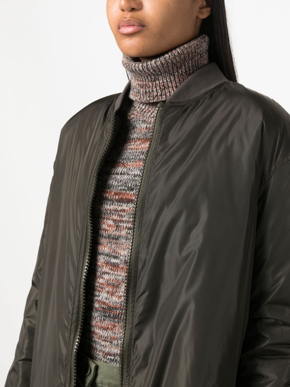 ribbed-trim flared bomber jacker - 5