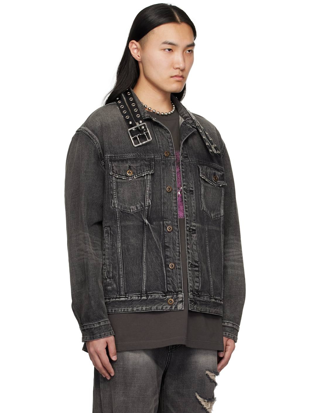 Black Belted Collar Denim Jacket - 2