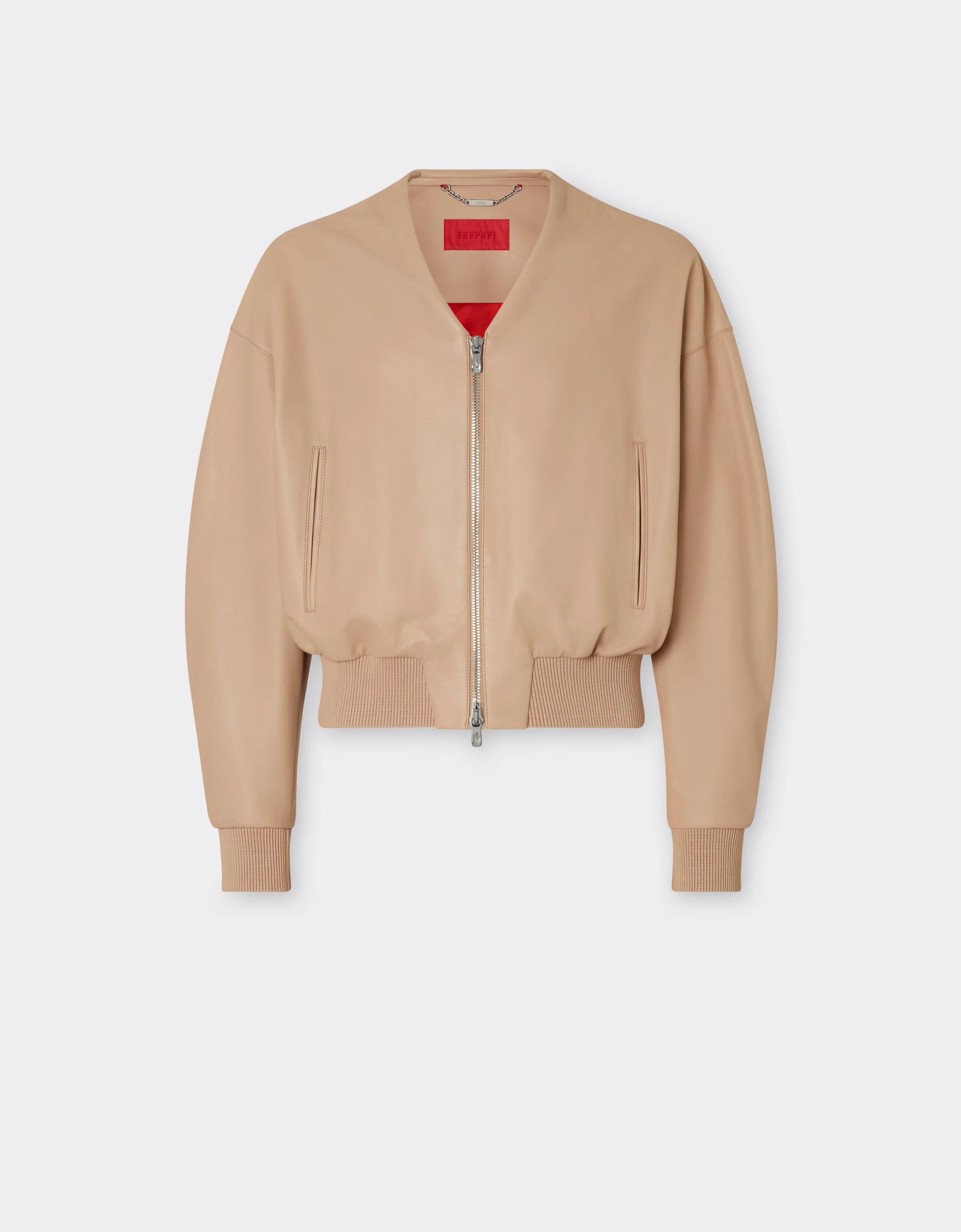 Leather Bomber Jacket with Zip and V-Neck - 1