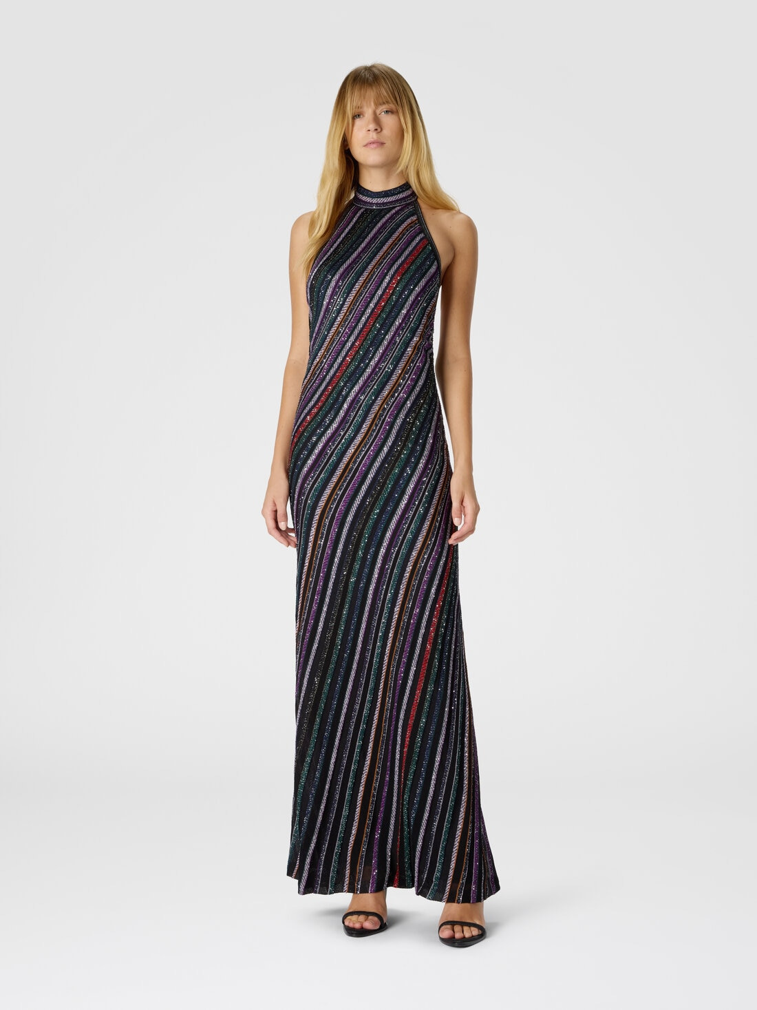 Long Dress with Halter Neck and Herringbone Stripe Knit - 2