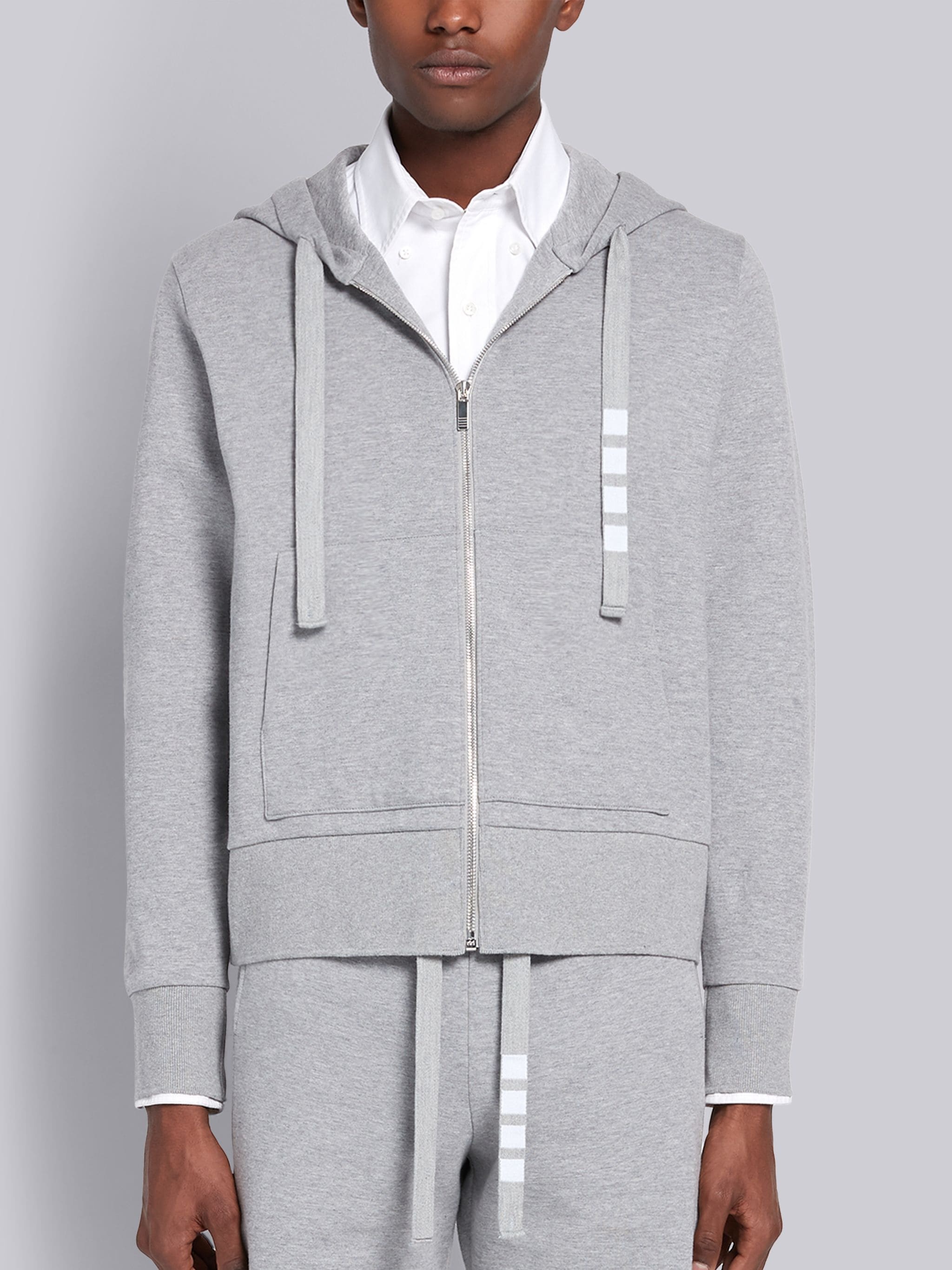 Light Grey Double Knit Cotton 4-Bar Zip-up Hoodie - 1