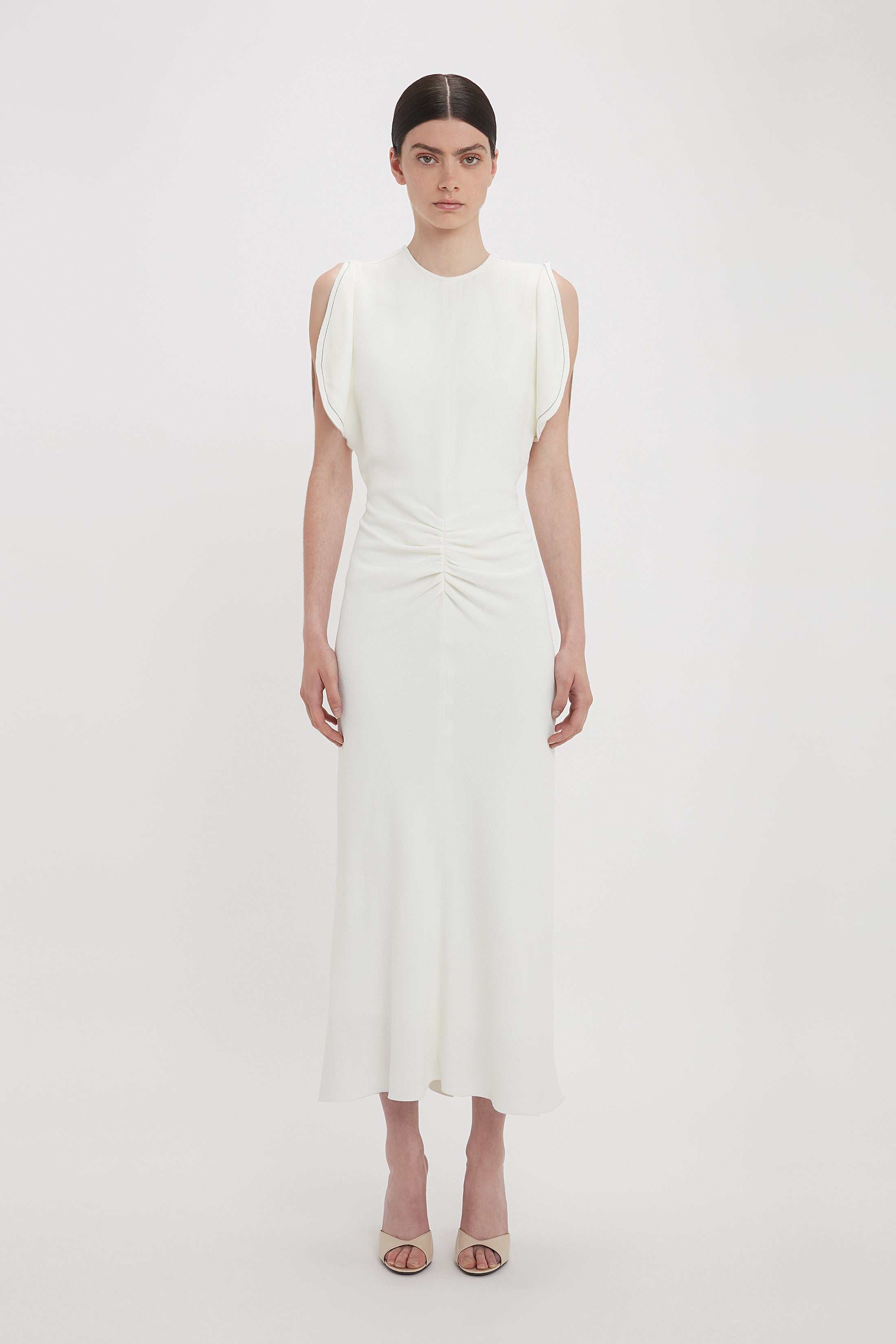 Exclusive Gathered Waist Midi Dress In Ivory - 2