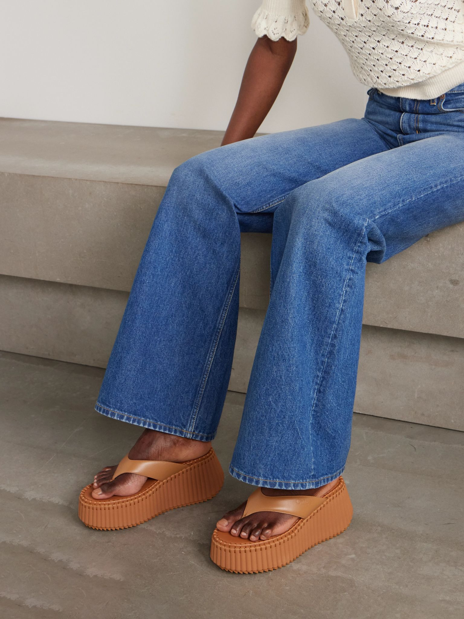Nama leather platform flip flops Tan - 2