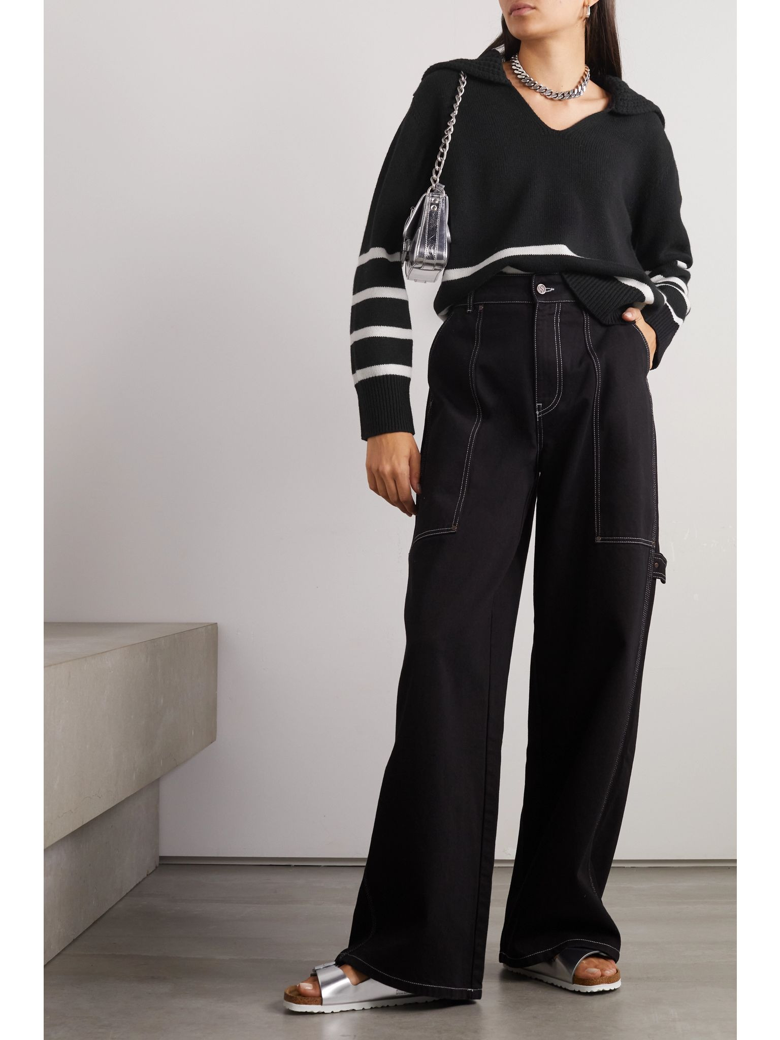 Appliquéd striped wool and cashmere-blend sweater Black - 2