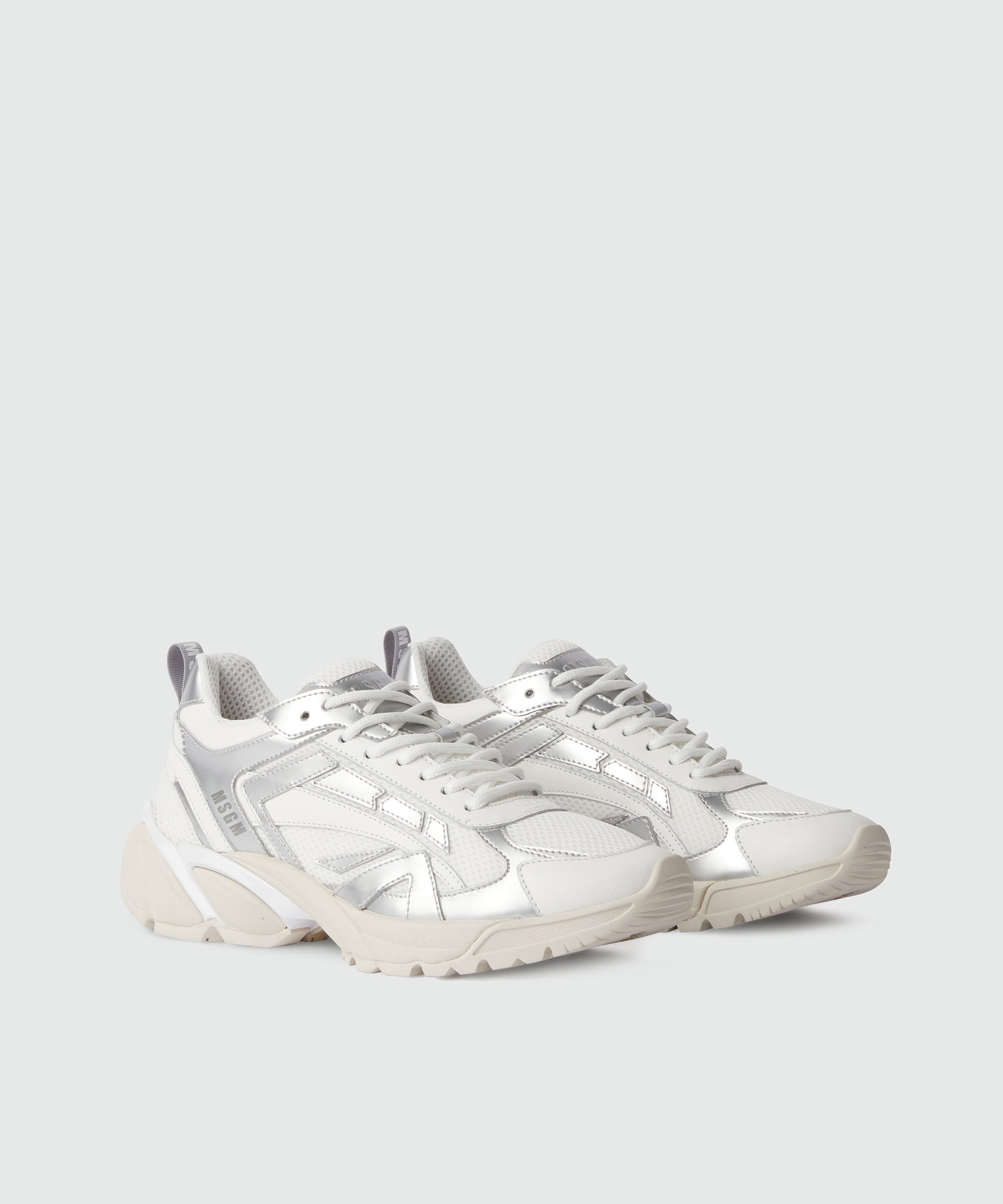 Silver and white leather Vulcano sneakers with mesh inserts - 3