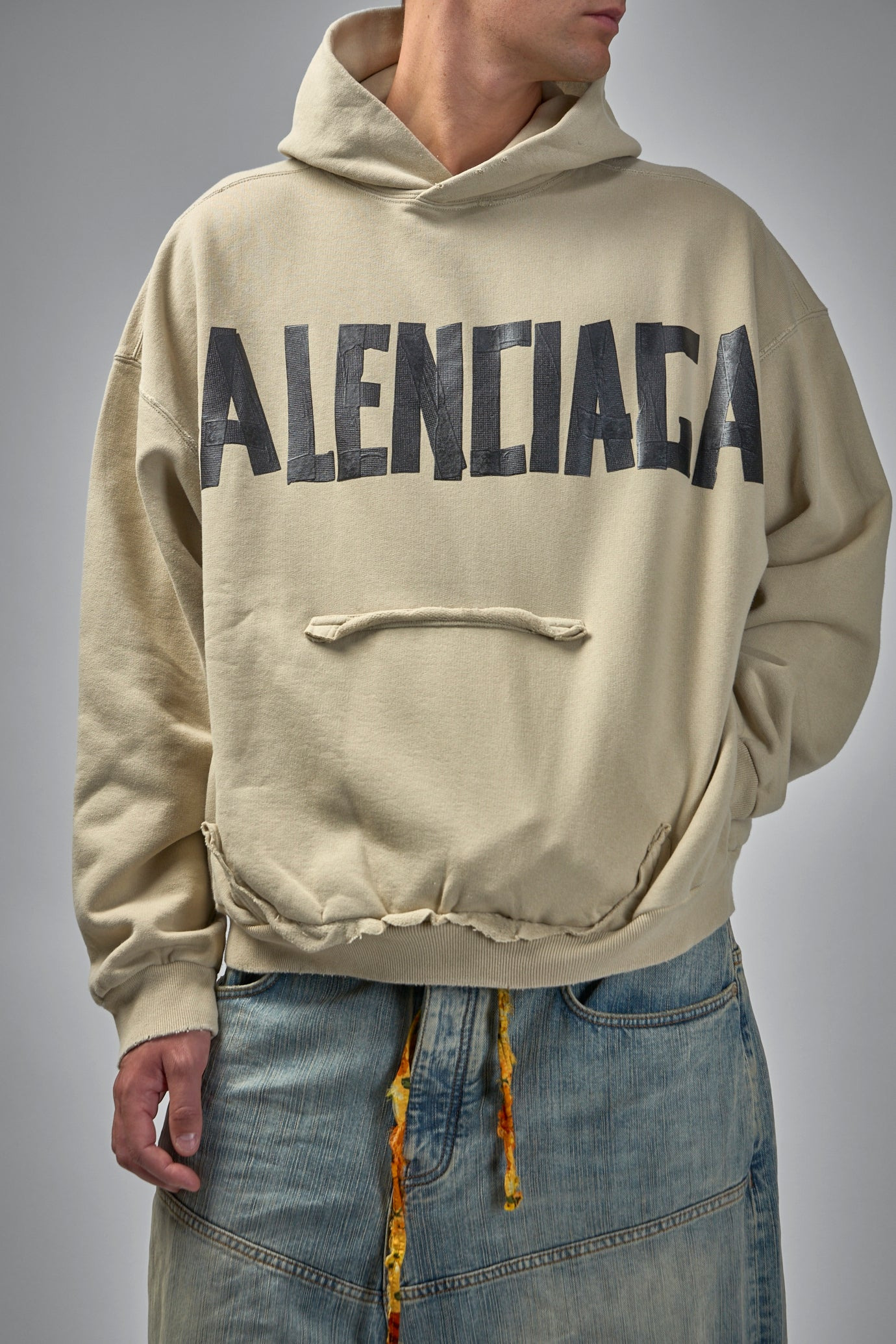 Tape Type Ripped Pocket Hoodie - 4