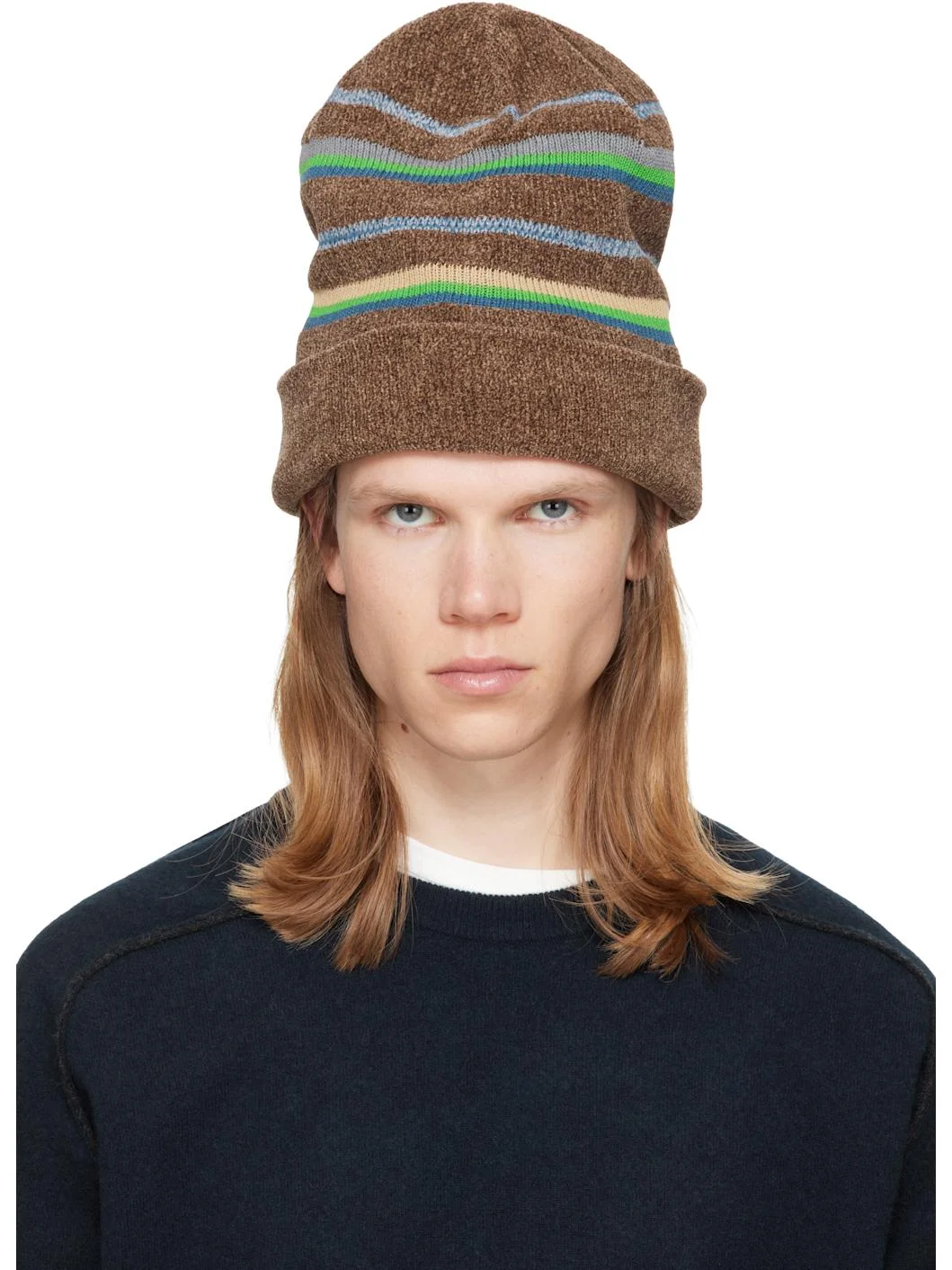 Brown Striped Knit Beanie - 1